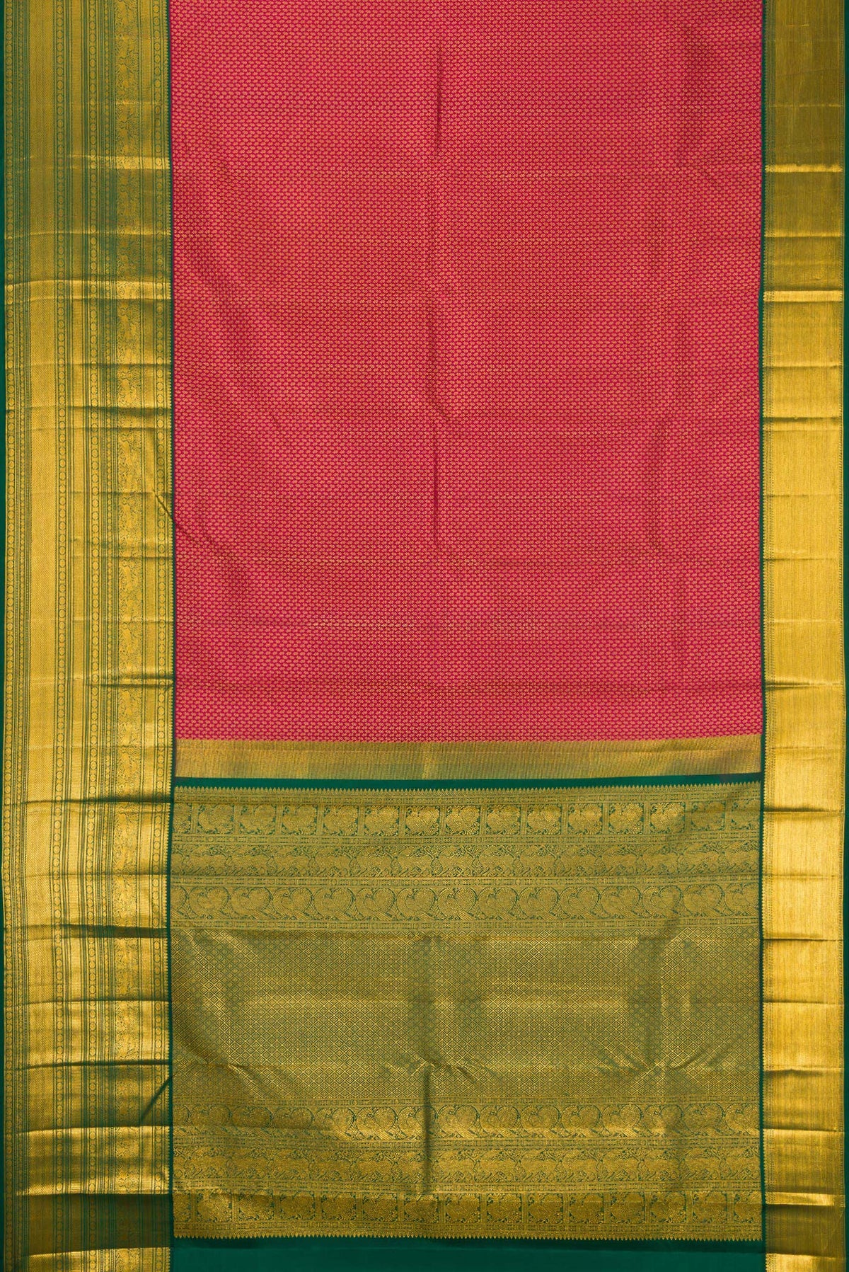 Flat view of Dark Pink Kanjivaram Silk Saree with Zari Brocade on the body and Zari Border. 