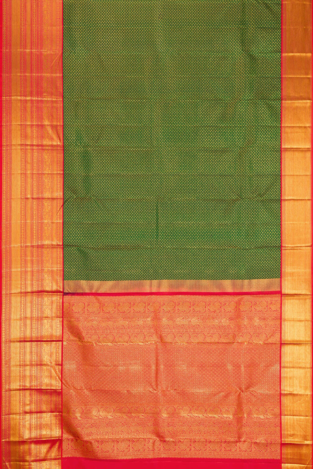 Flat view of Green Kanjivaram Silk Saree with Zari Brocade on the body and Zari Border. 