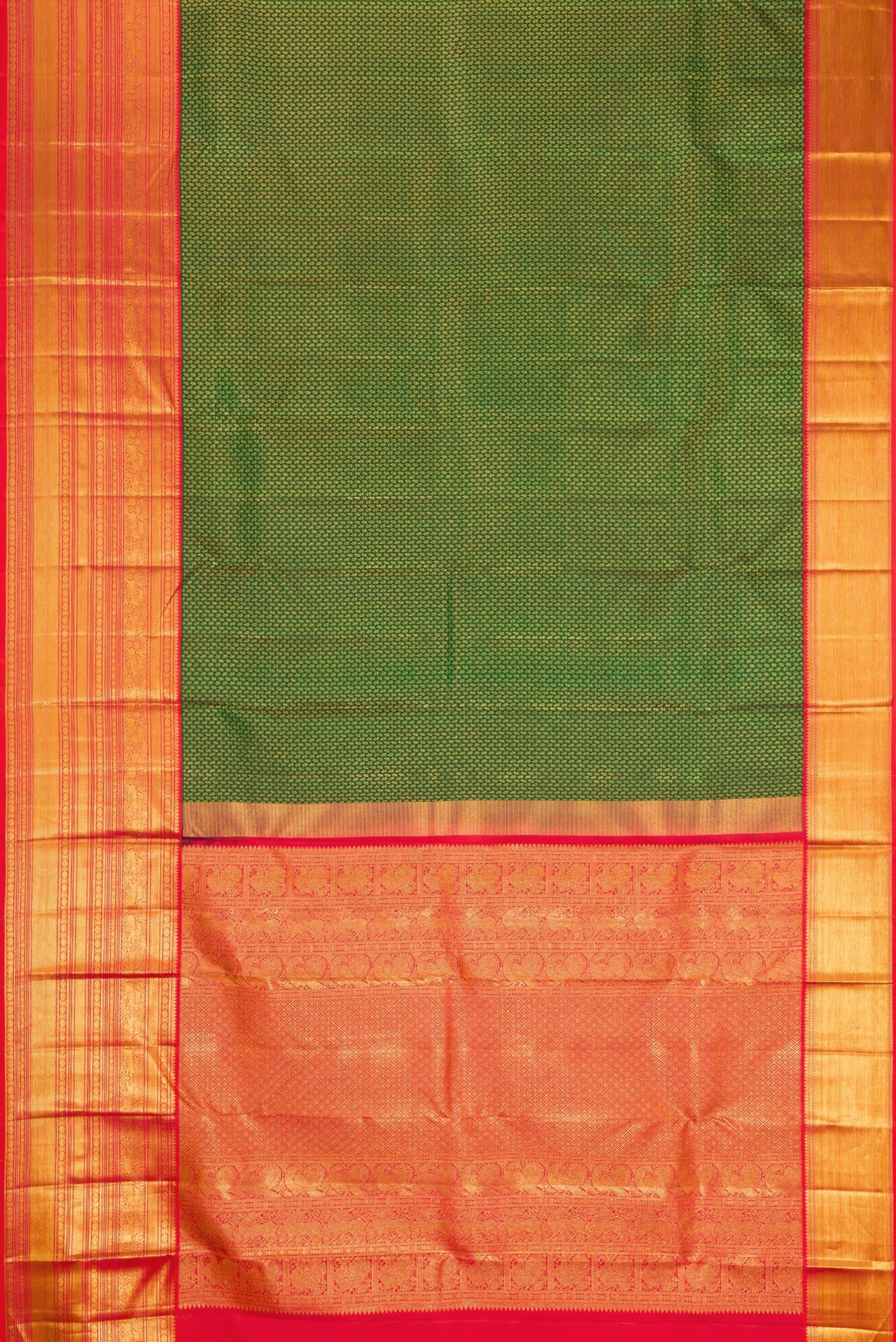 Flat view of Green Kanjivaram Silk Saree with Zari Brocade on the body and Zari Border. 