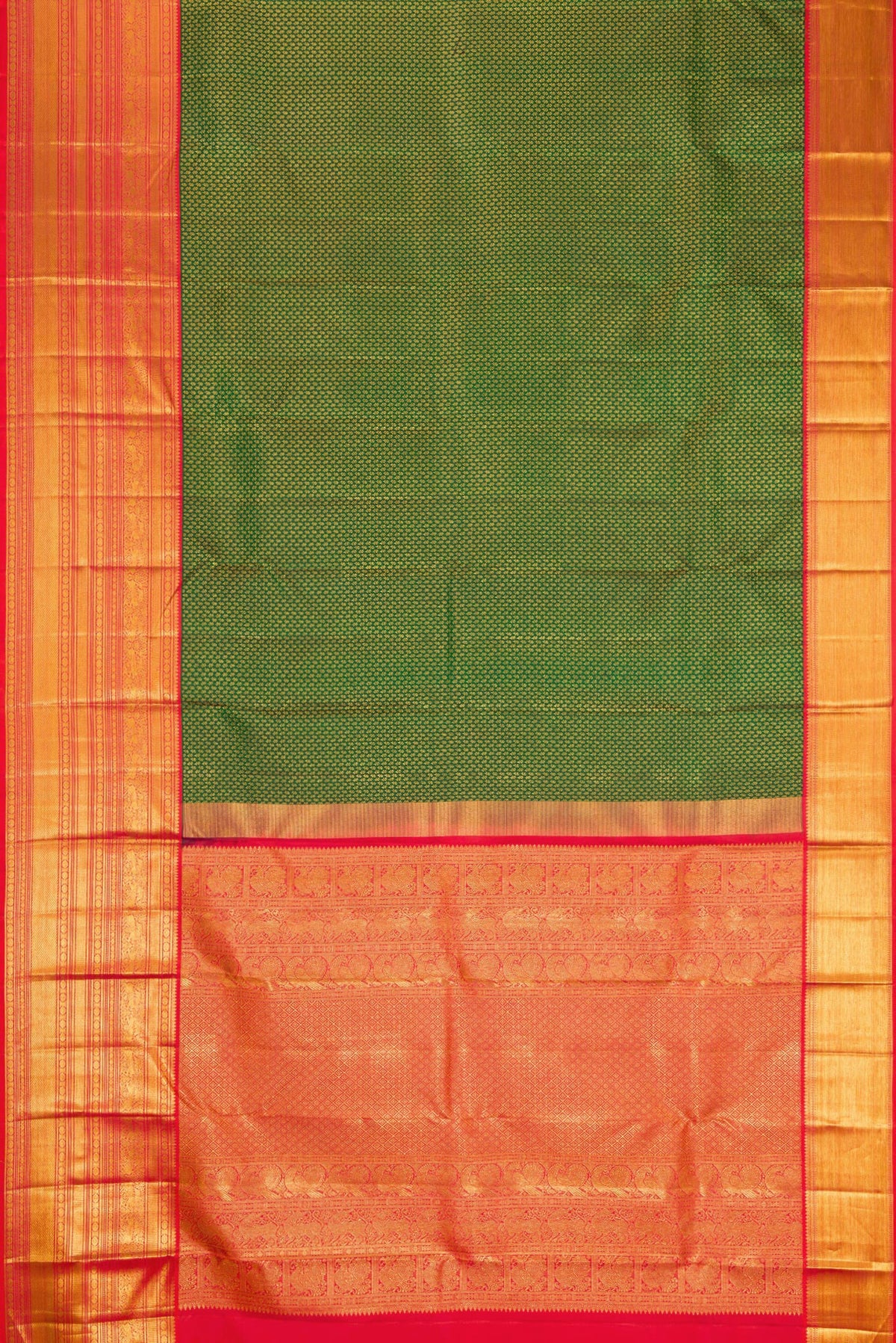 Flat view of Green Kanjivaram Silk Saree with Zari Brocade on the body and Zari Border. 