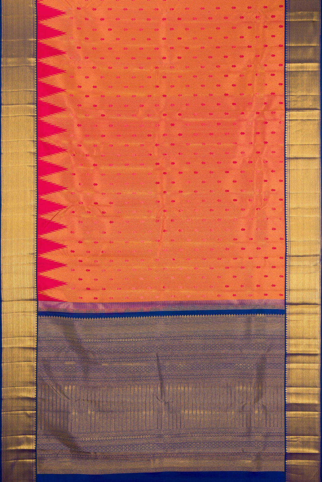 Flat view of Red Dual Tone Kanjivaram Silk Saree with Zari Brocade on the body and Zari Border. 