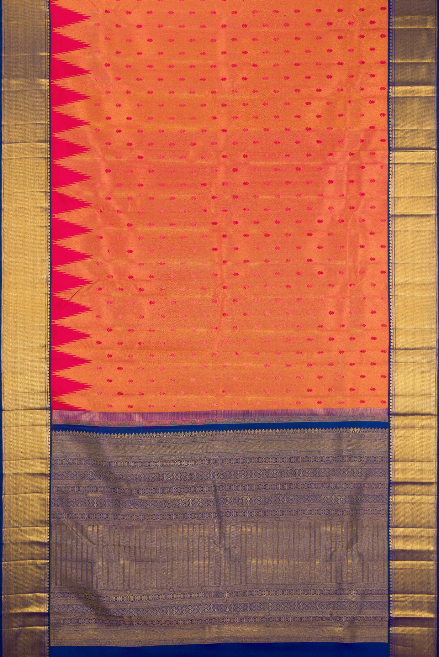Flat view of Red Dual Tone Kanjivaram Silk Saree with Zari Brocade on the body and Zari Border. 