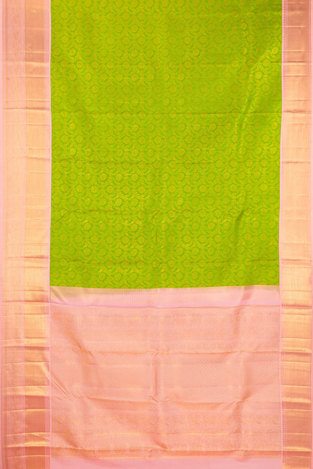 Flat view of Pure Silk Parrot Green Kanjivaram Saree with Zari Brocade on the body and Zari Border. 