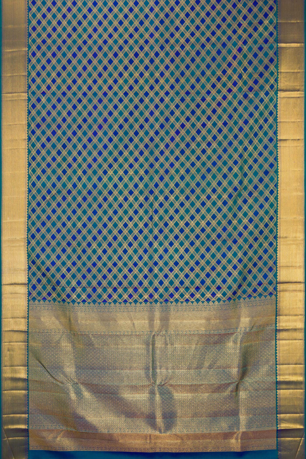 Flat view of Pure Silk Peacock Blue Dual Tone Kanjivaram Saree with Checked design on the body and Zari Border. 