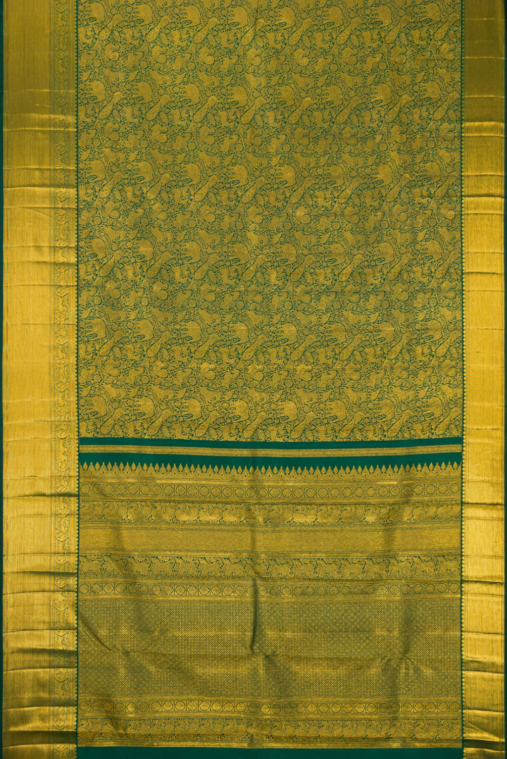 Flat view of Green Kanjivaram Silk Saree with Zari Brocade on the body and Zari Border. 