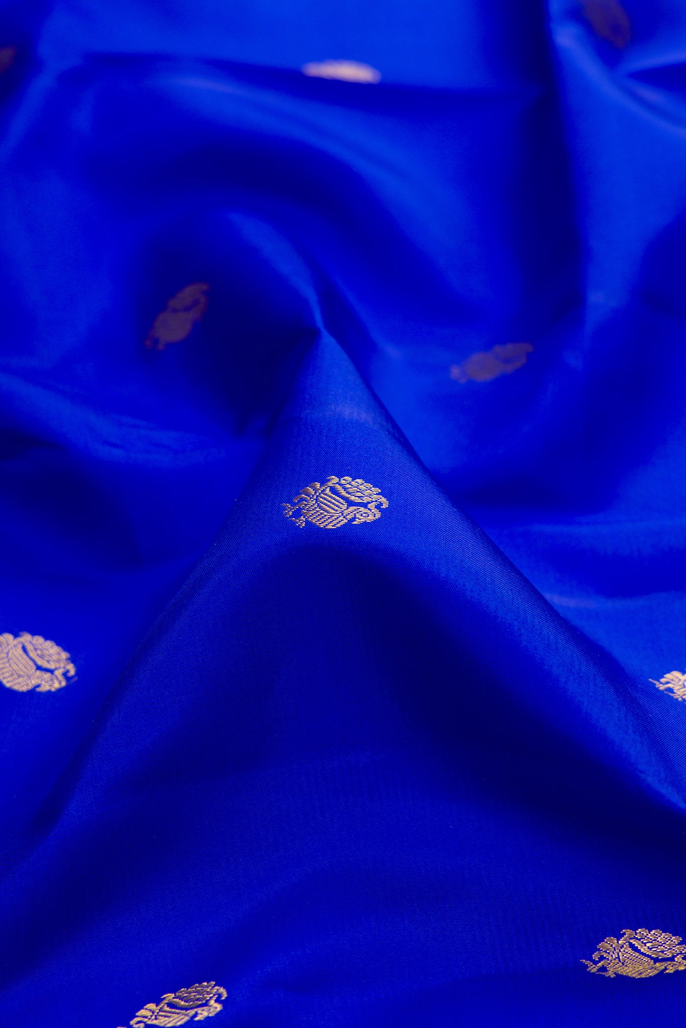 Close up of Royal Blue Kanchipuram Silk Saree with Zari Butta on the body and Zari Border.  displaying folds