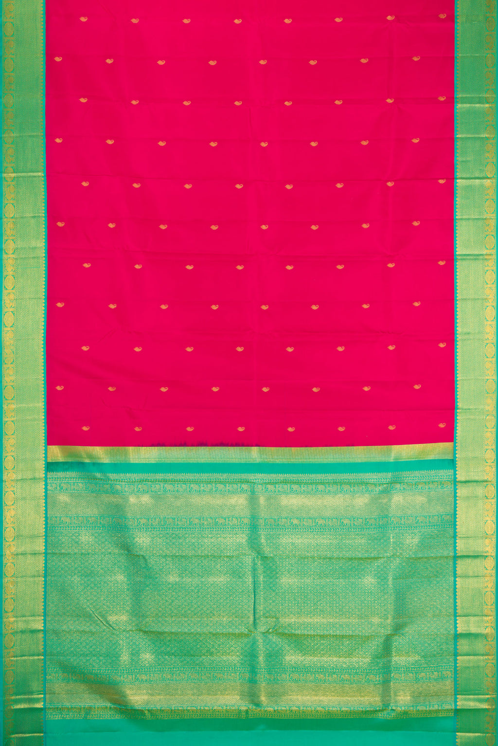 Flat view of Dark Pink Kanchipuram Silk Saree with Zari Butta on the body and Zari Border. 