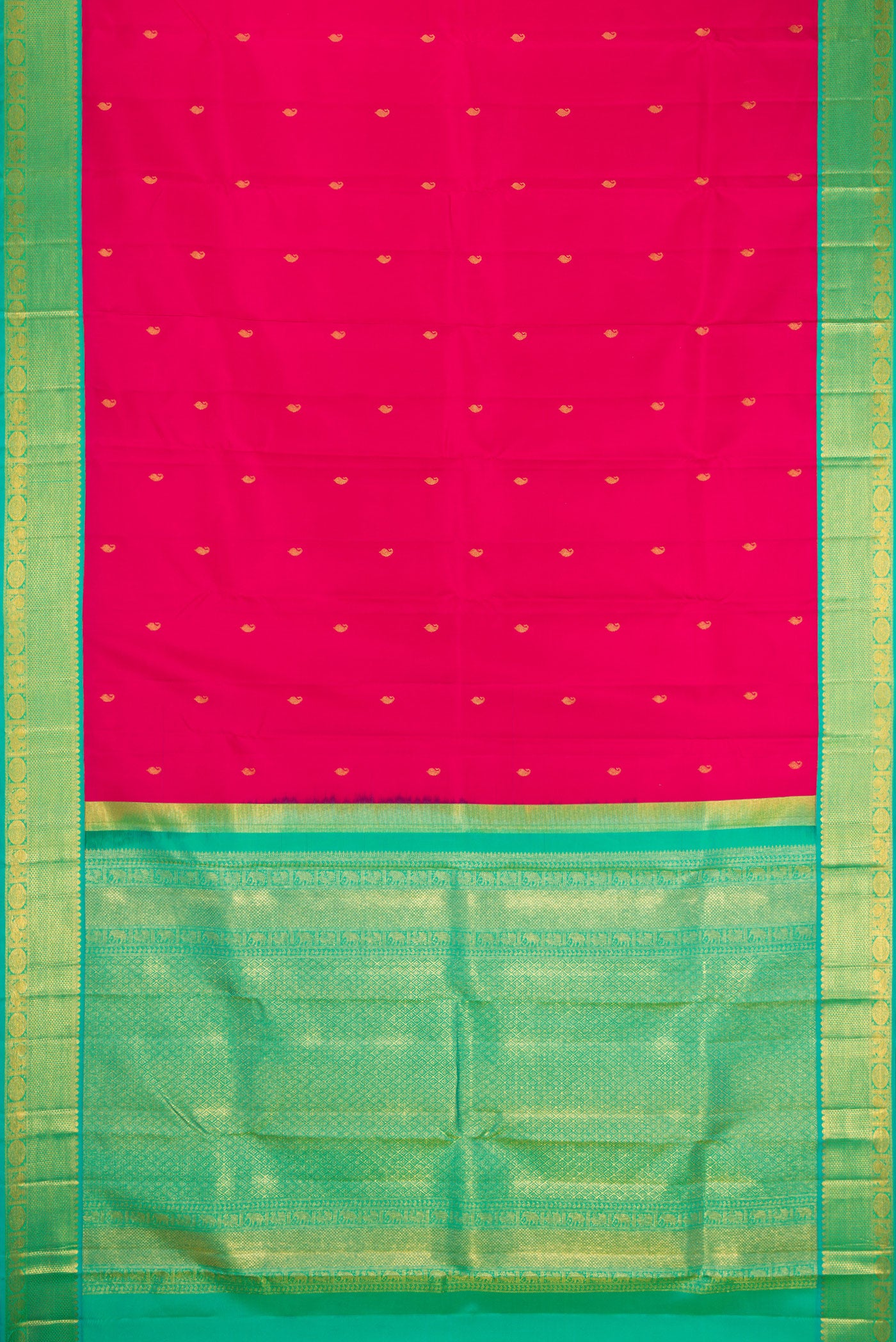 Flat view of Dark Pink Kanchipuram Silk Saree with Zari Butta on the body and Zari Border. 