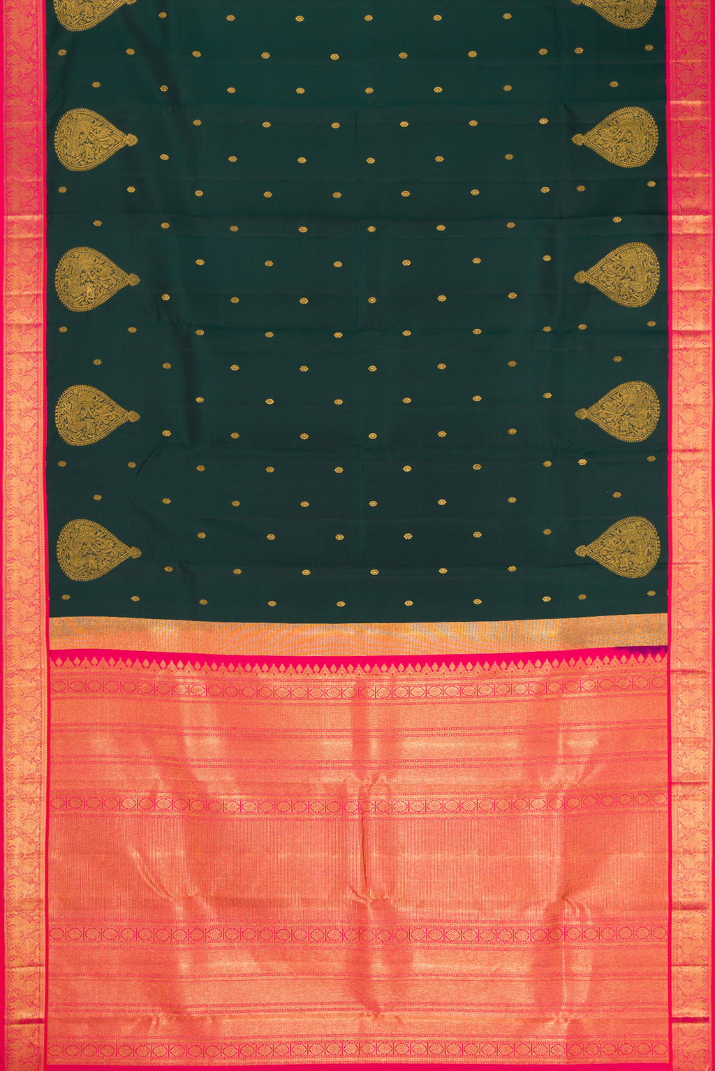 Flat view of Bottle Green Kanchipuram Silk Saree with Zari Butta on the body and Fancy Border. 