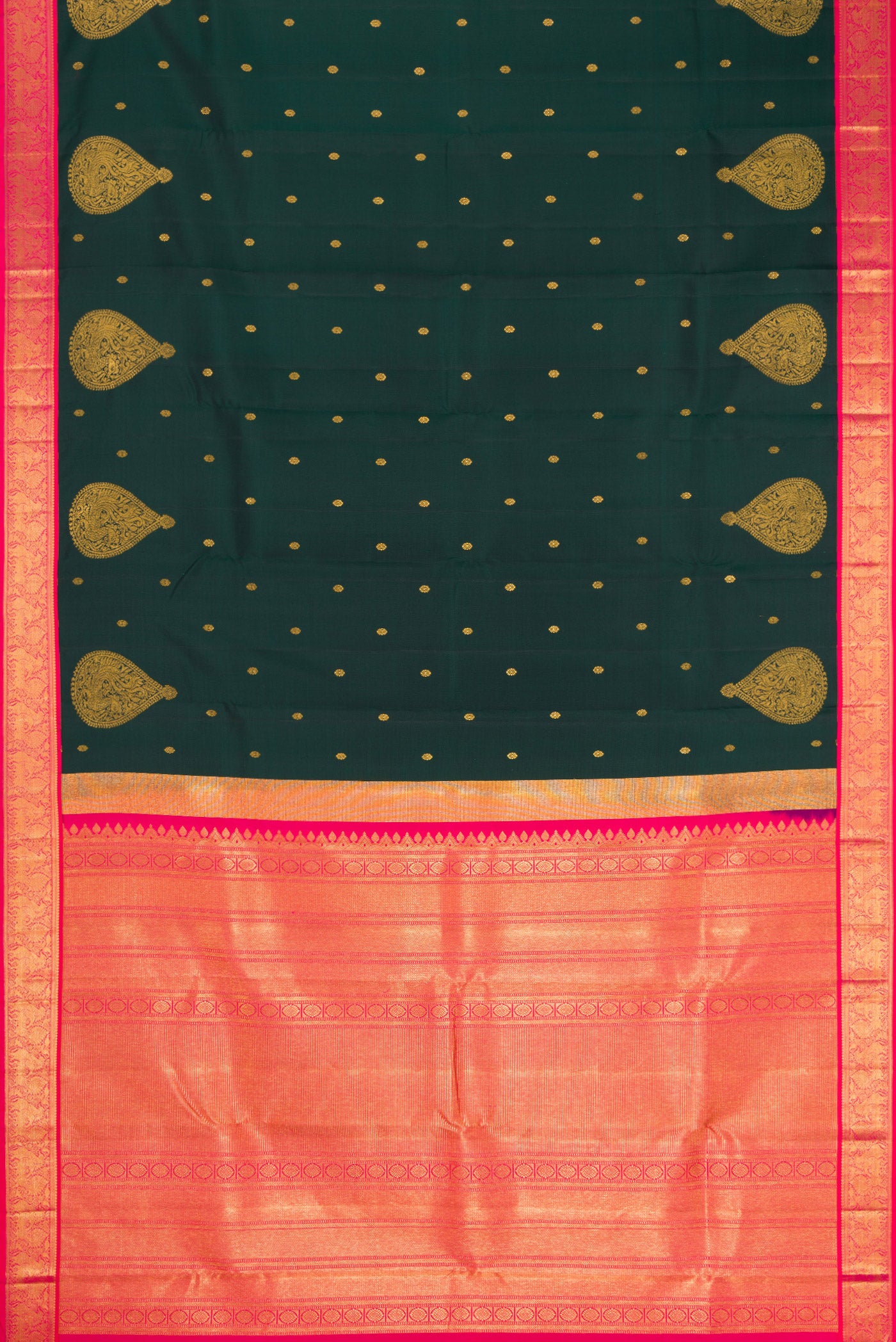 Flat view of Bottle Green Kanchipuram Silk Saree with Zari Butta on the body and Fancy Border. 