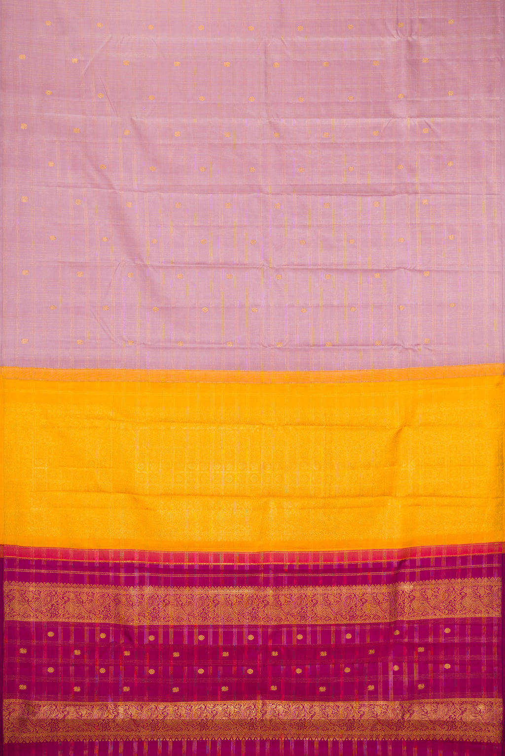Flat view of Lavender Kanchipuram Silk Saree with Checked design on the body and Without Border. 