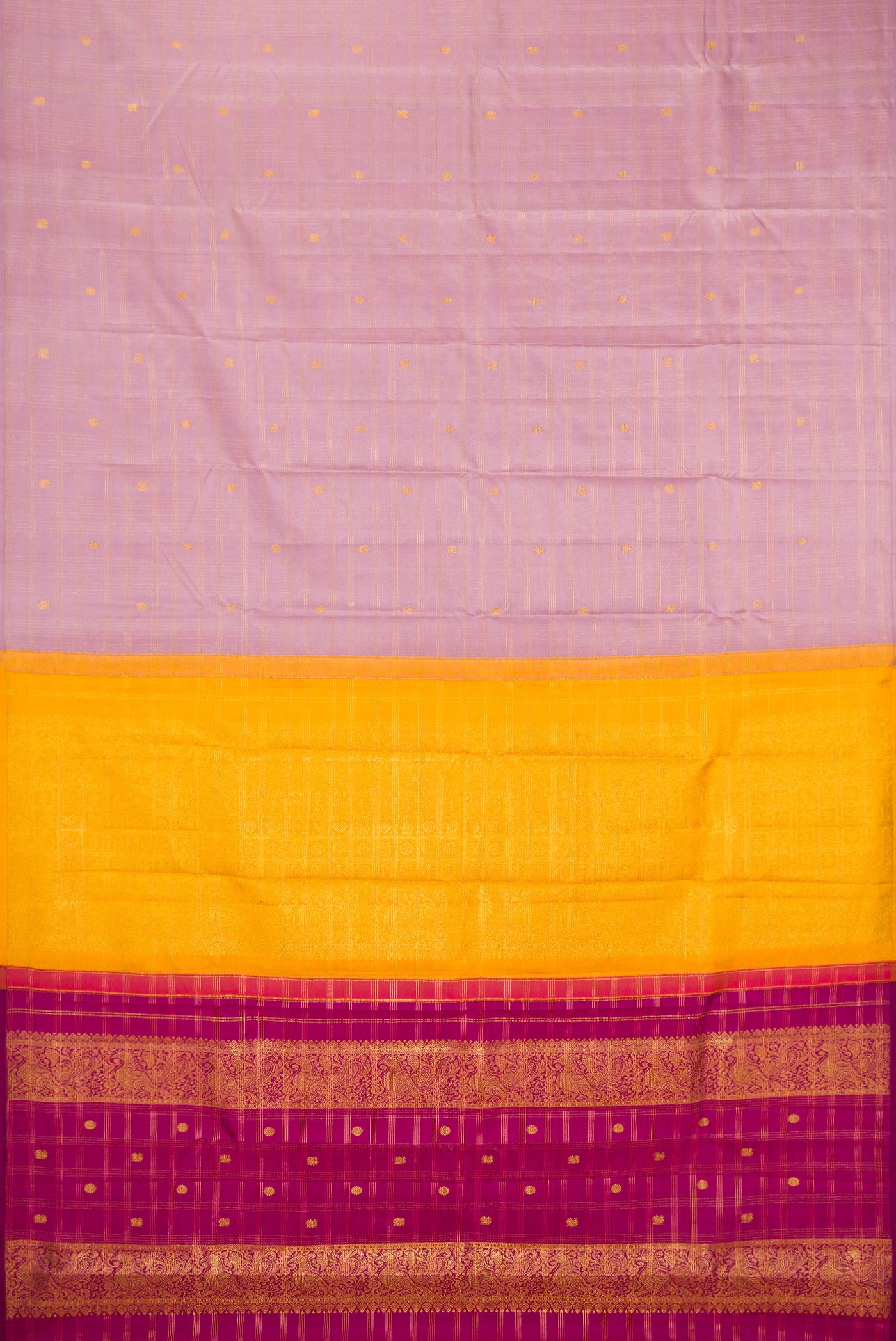 Flat view of Lavender Kanchipuram Silk Saree with Checked design on the body and Without Border. 