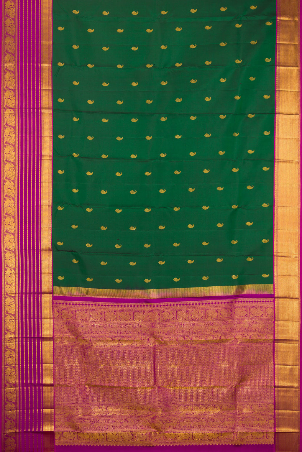 Flat view of Bottle Green Kanchipuram Silk Saree with Zari Butta on the body and Zari Border. 