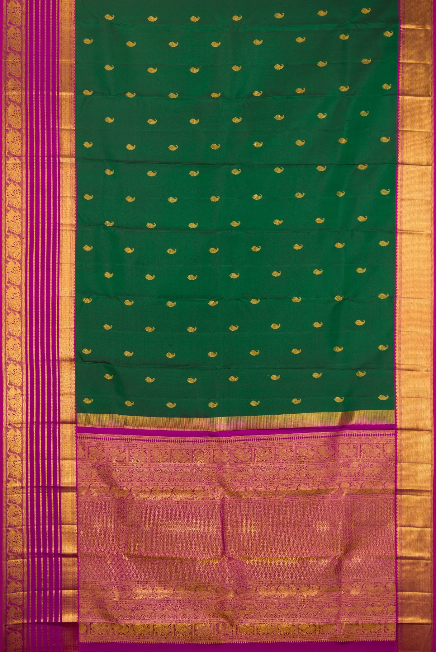 Flat view of Bottle Green Kanchipuram Silk Saree with Zari Butta on the body and Zari Border. 