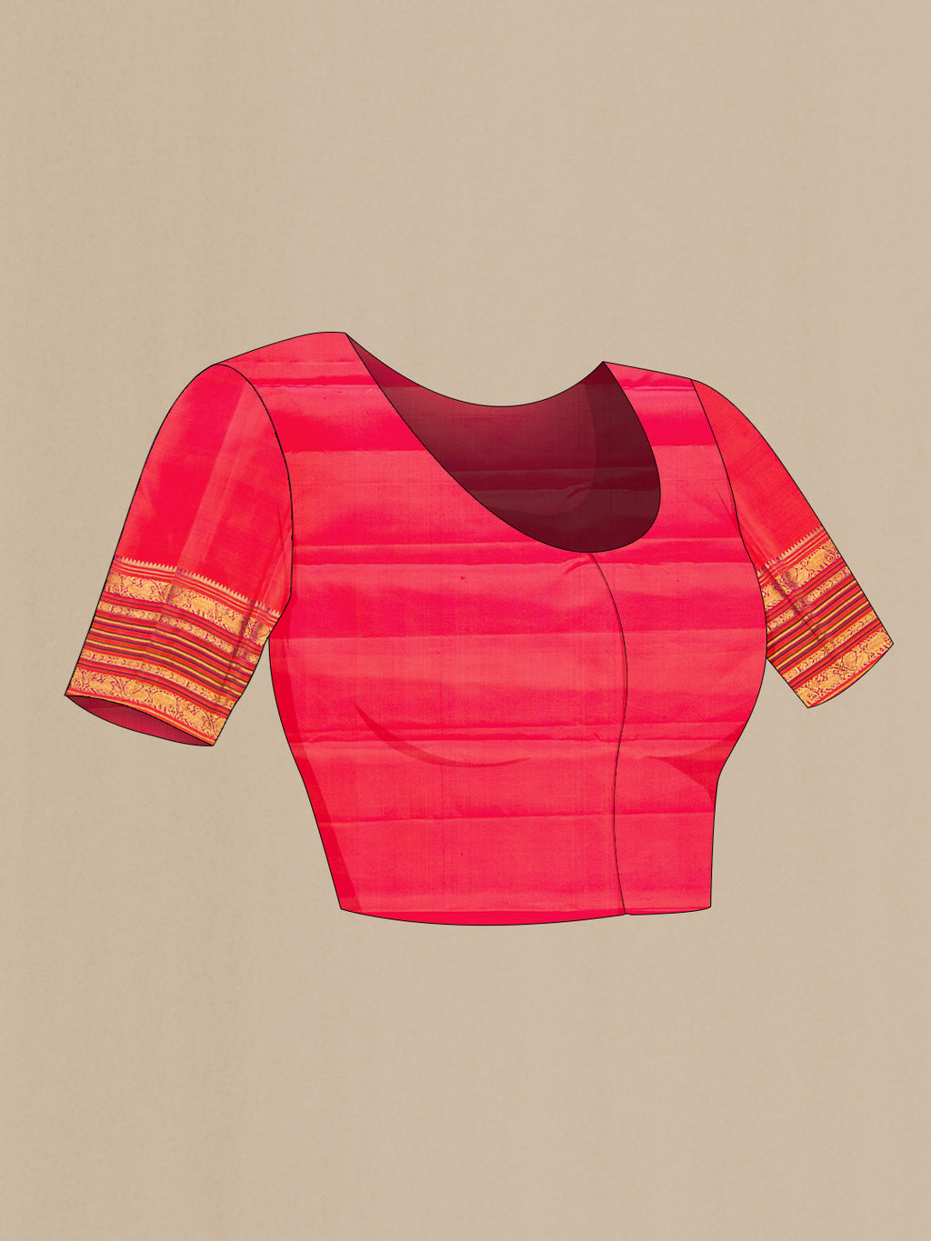 Close up image of the blouse of Coral Dual Tone Kanchipuram Silk Saree with Zari Butta on the body and Fancy Border. 