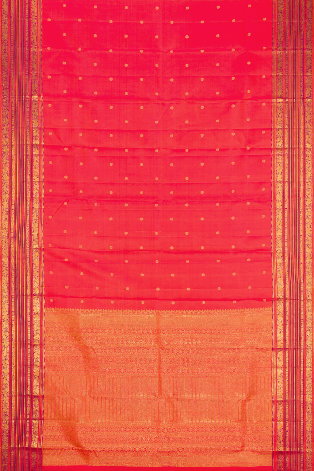 Flat view of Coral Dual Tone Kanchipuram Silk Saree with Zari Butta on the body and Fancy Border. 