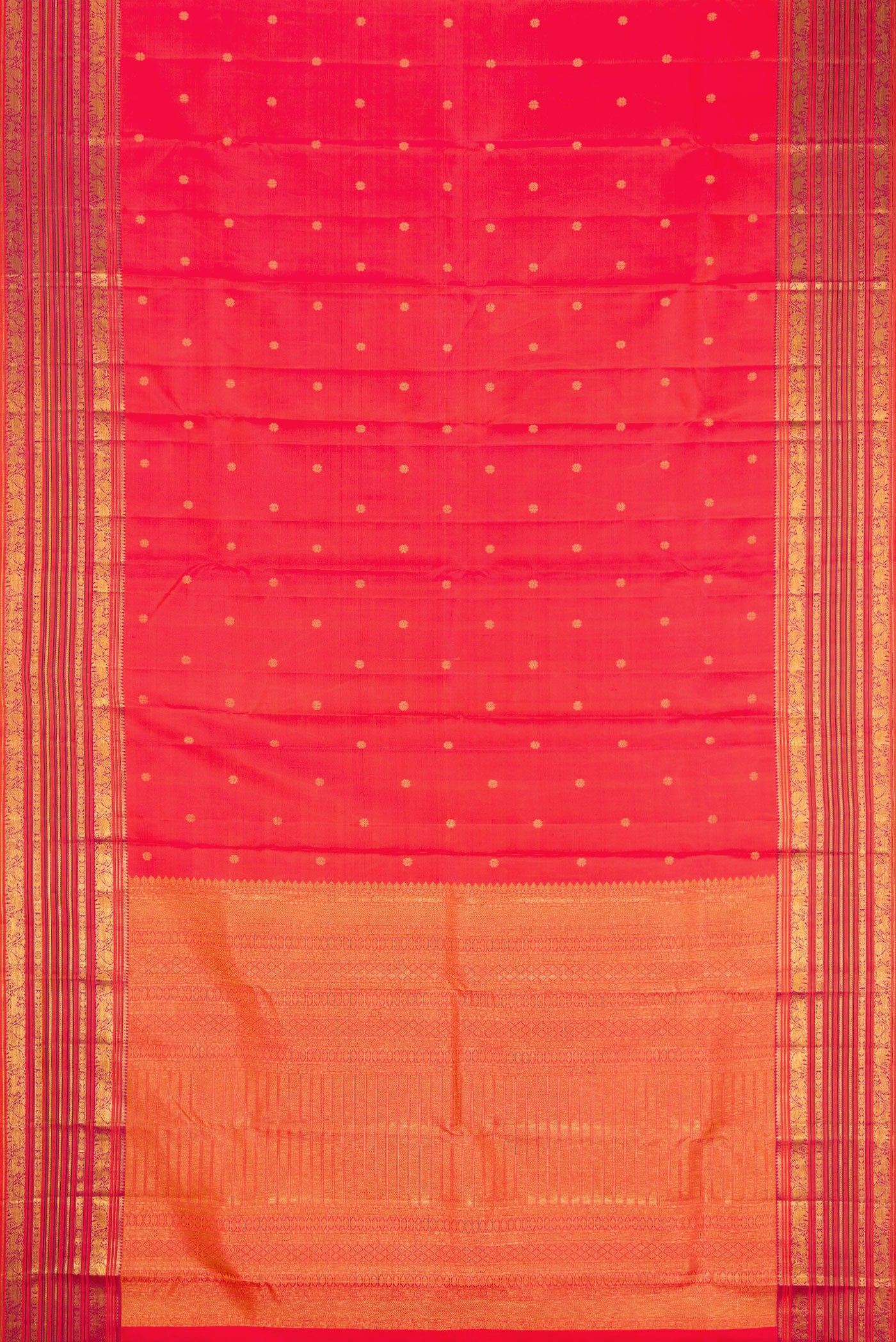 Flat view of Coral Dual Tone Kanchipuram Silk Saree with Zari Butta on the body and Fancy Border. 