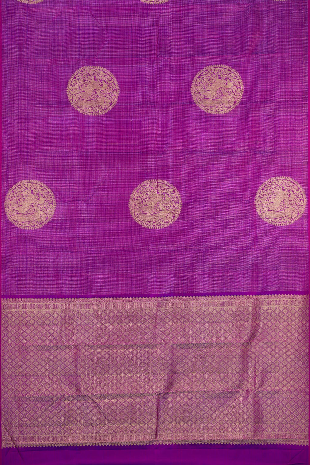 Flat view of Purple Kanjivaram Silk Saree with Zari Butta on the body and Without Border. 