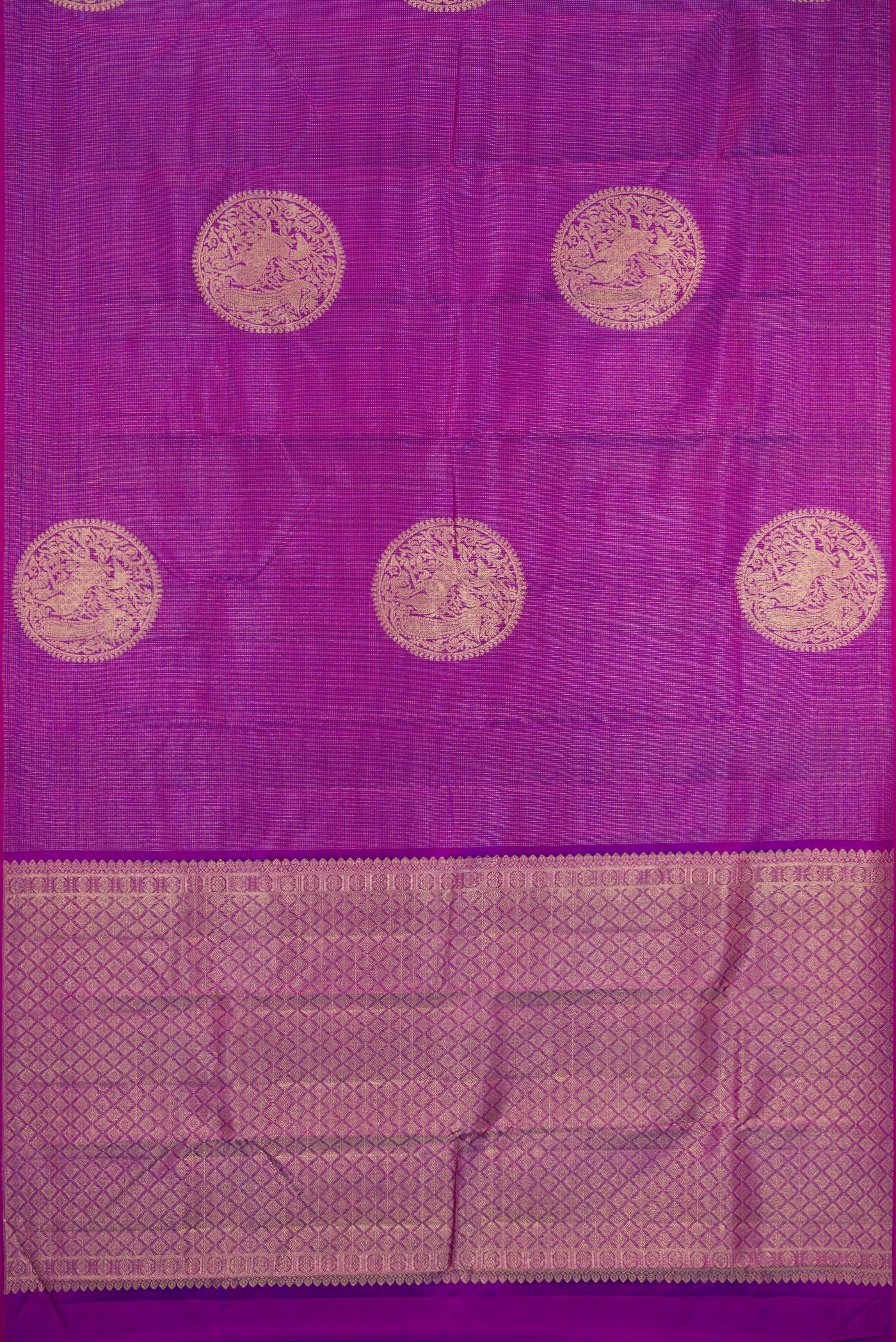 Flat view of Purple Kanjivaram Silk Saree with Zari Butta on the body and Without Border. 