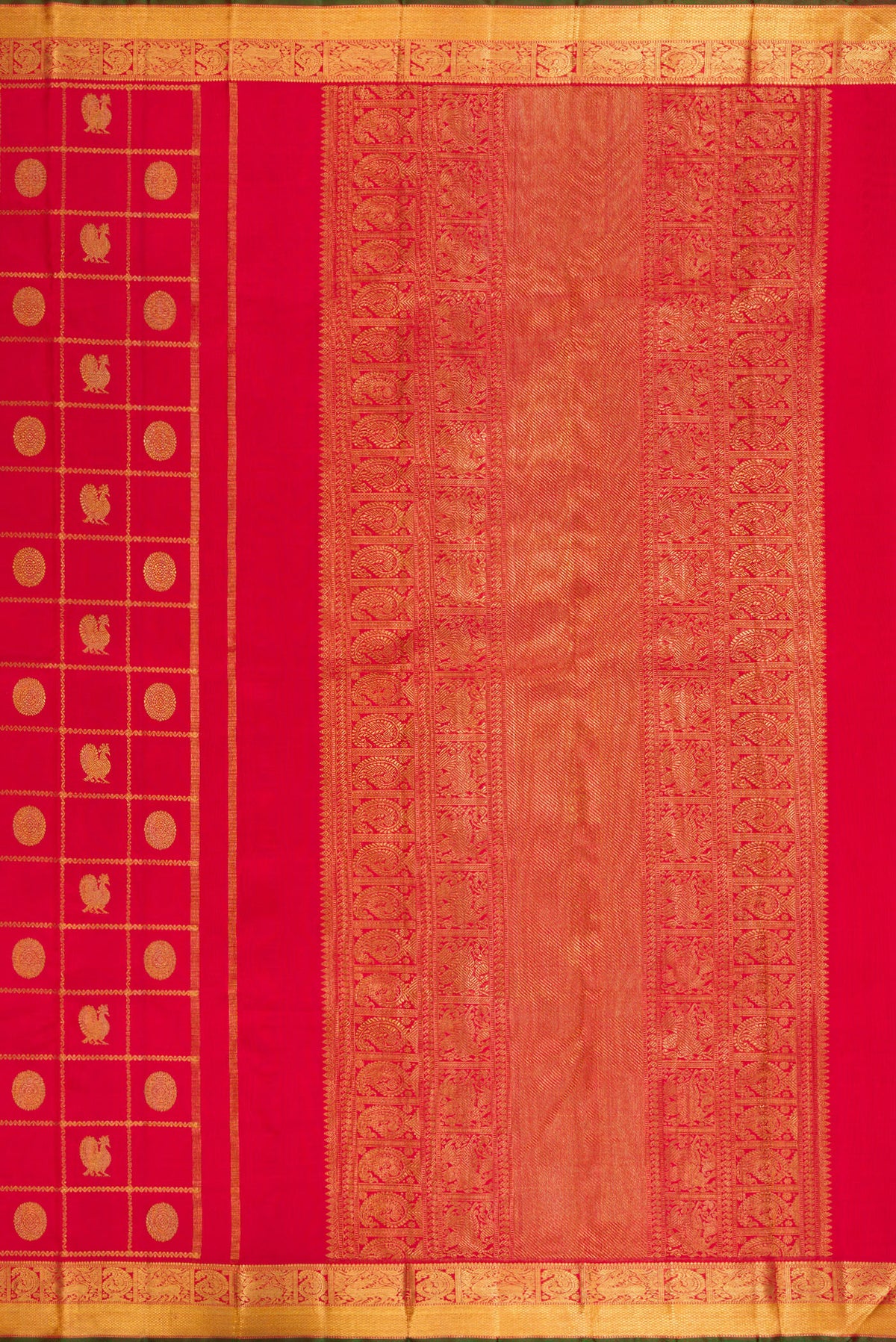 Close up image of the pallu of Pure Silk Pure Zari Red Kanjivaram Saree with Checked design on the body and Zari Border. 
