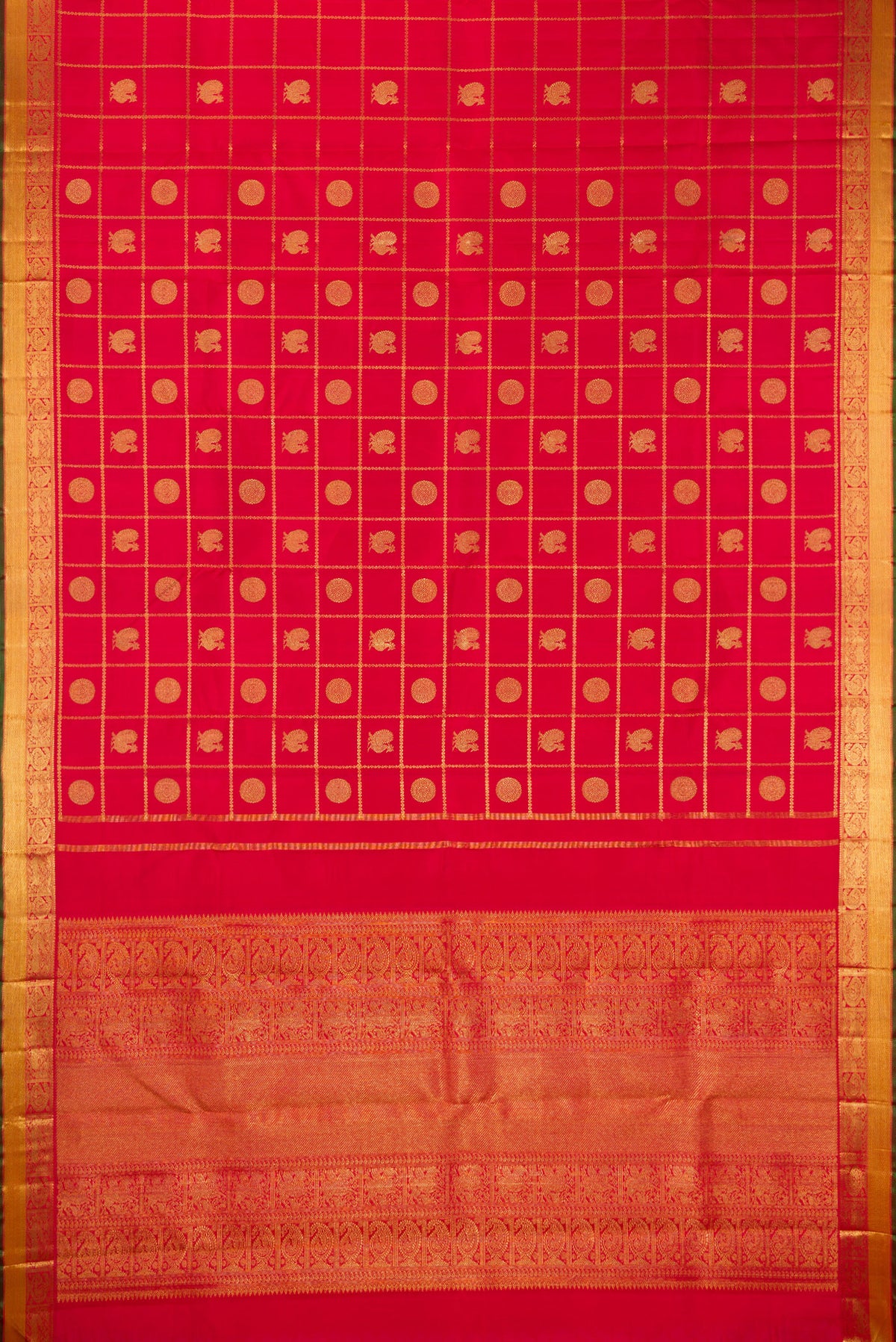 Flat view of Pure Silk Pure Zari Red Kanjivaram Saree with Checked design on the body and Zari Border. 