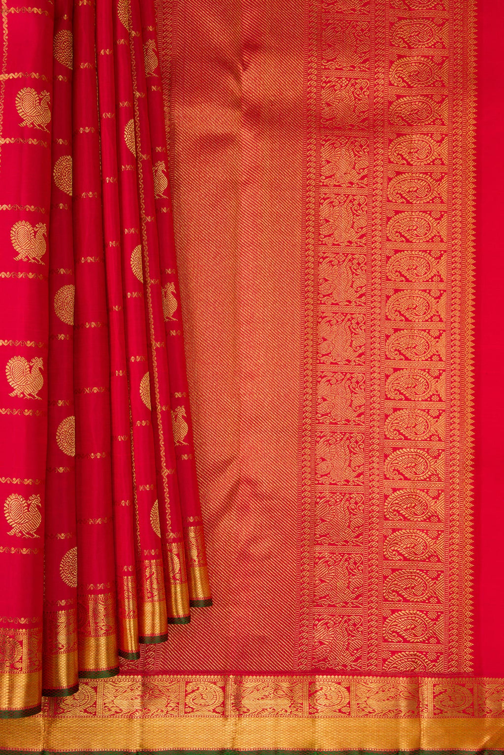 Pleats and pallu of Pure Silk Pure Zari Red Kanjivaram Saree with Checked design on the body and Zari Border. 