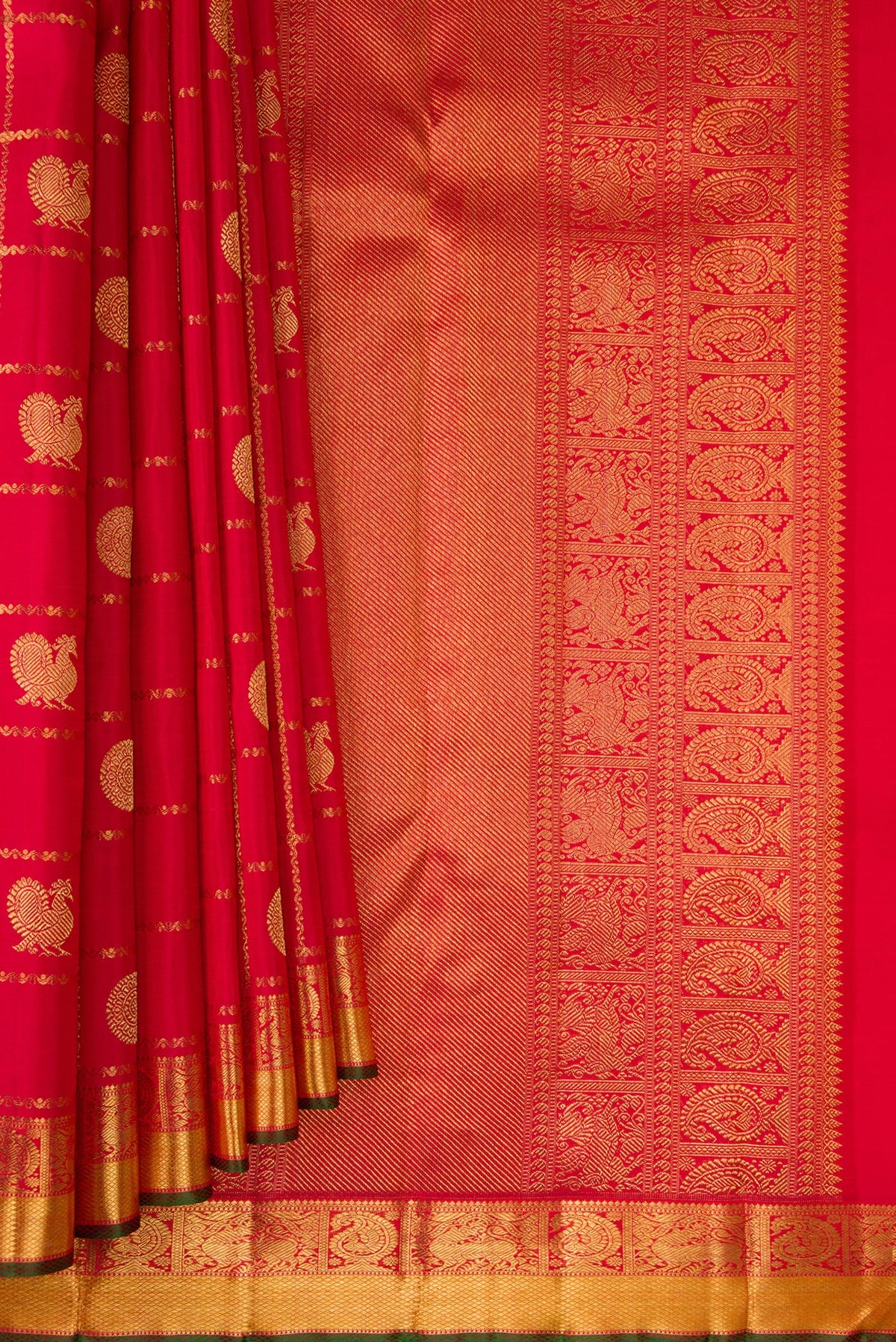 Pleats and pallu of Pure Silk Pure Zari Red Kanjivaram Saree with Checked design on the body and Zari Border. 