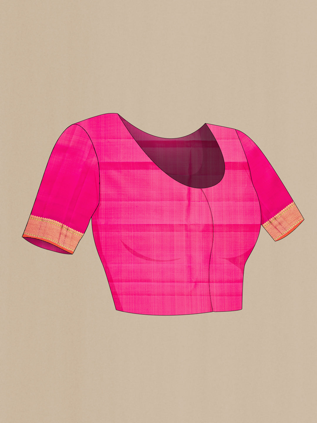 Close up image of the blouse of Pure Silk Pure Zari Coral Dual Tone Kanjivaram Saree with Checked design on the body and Zari Border. 