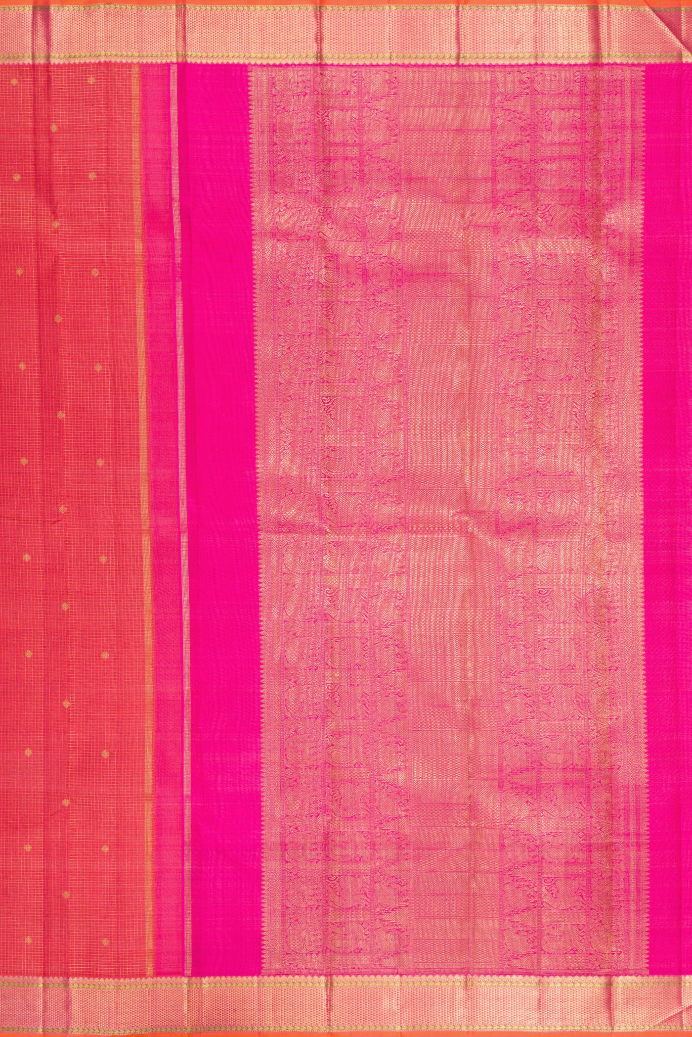Close up image of the pallu of Pure Silk Pure Zari Coral Dual Tone Kanjivaram Saree with Checked design on the body and Zari Border. 