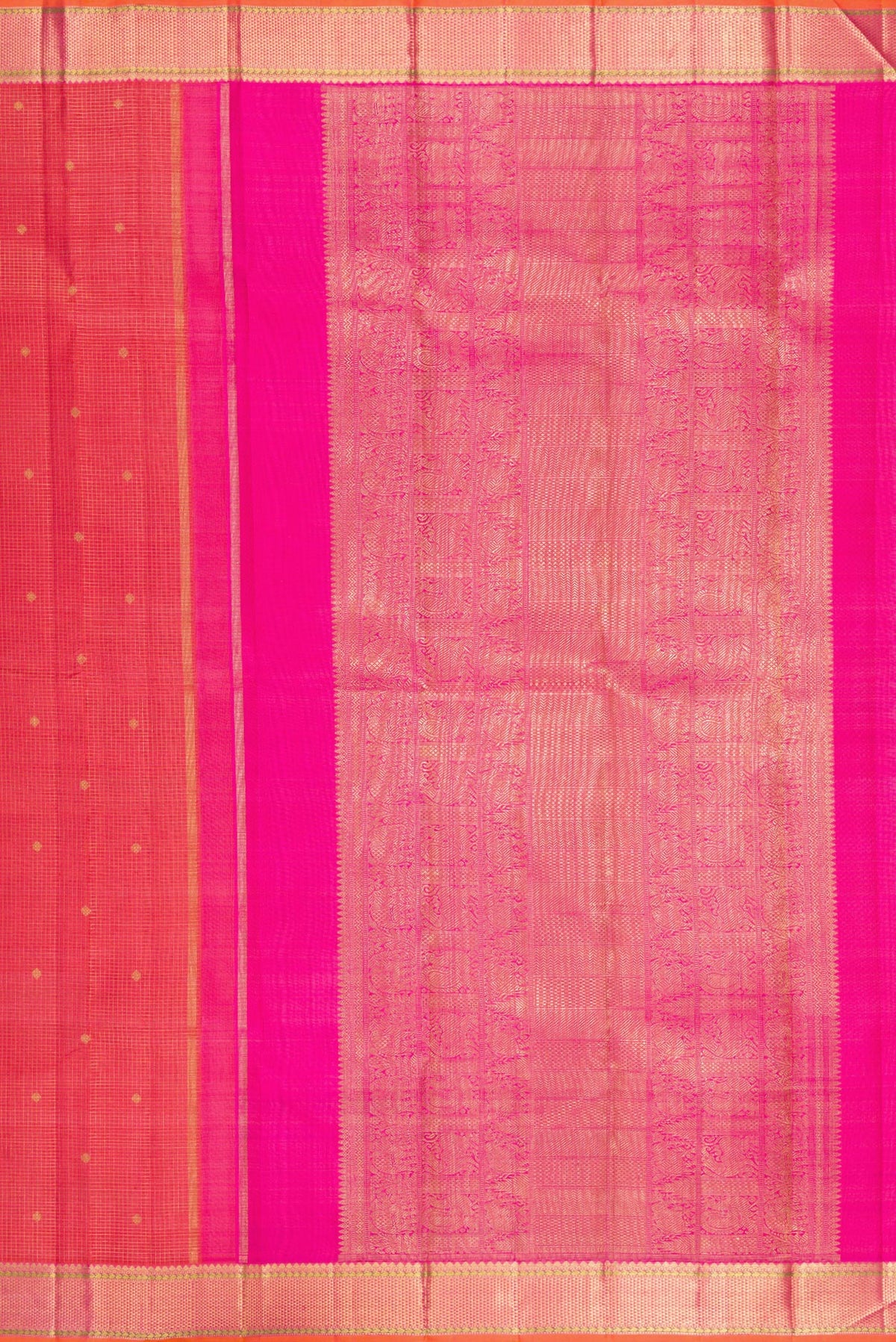 Close up image of the pallu of Pure Silk Pure Zari Coral Dual Tone Kanjivaram Saree with Checked design on the body and Zari Border. 