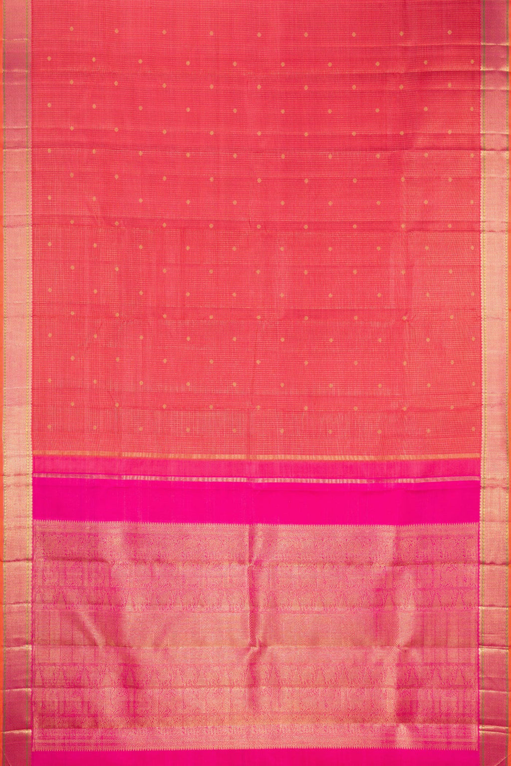 Flat view of Pure Silk Pure Zari Coral Dual Tone Kanjivaram Saree with Checked design on the body and Zari Border. 