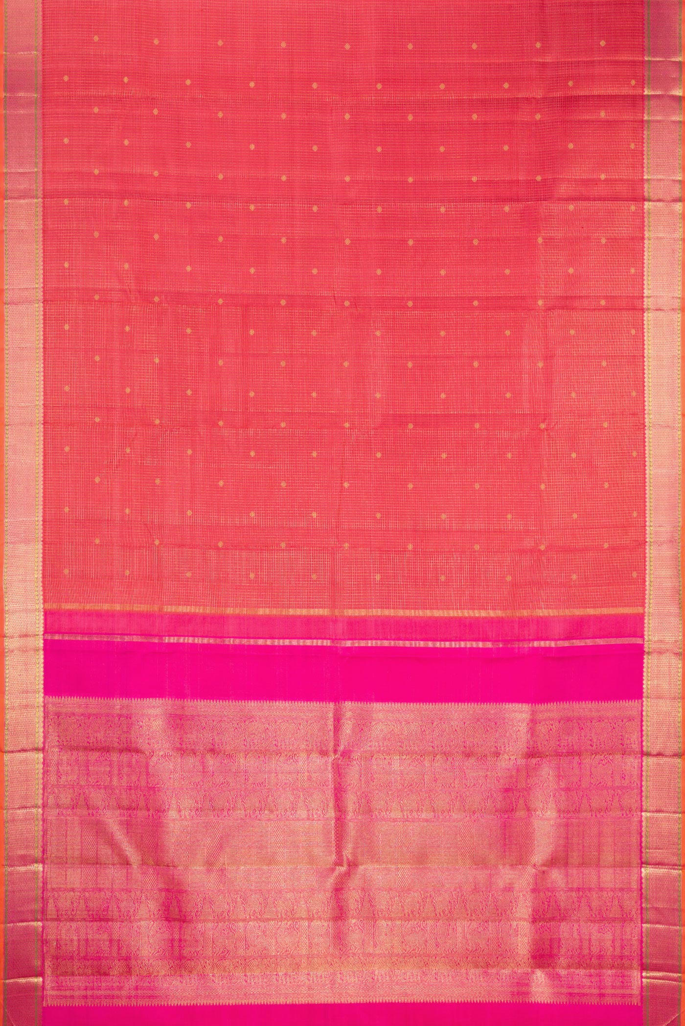 Flat view of Pure Silk Pure Zari Coral Dual Tone Kanjivaram Saree with Checked design on the body and Zari Border. 