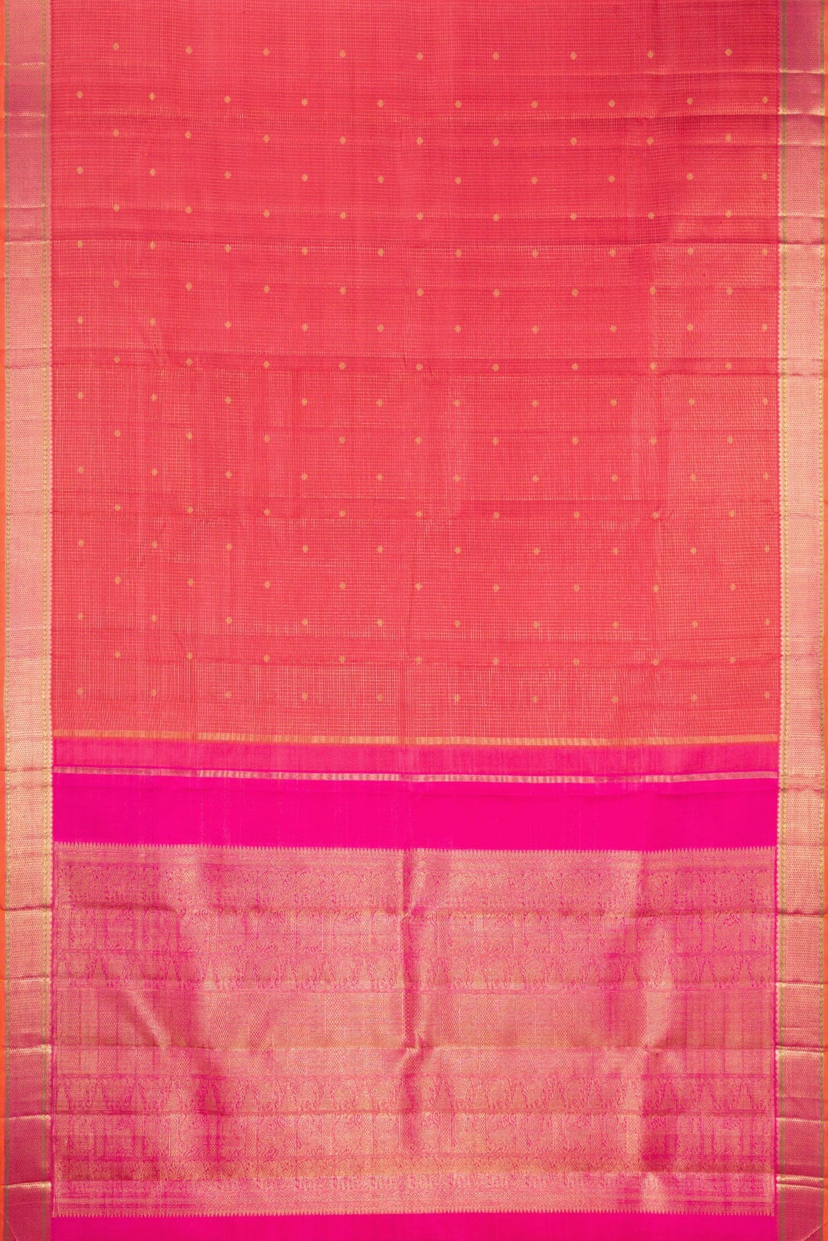 Flat view of Pure Silk Pure Zari Coral Dual Tone Kanjivaram Saree with Checked design on the body and Zari Border. 