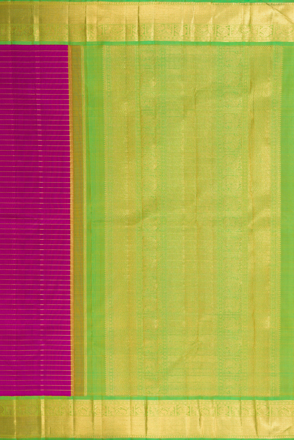 Close up image of the pallu of Pure Silk Pure Zari Magenta Dual Tone Kanjivaram Saree with Stripes on the body and Zari Border. 