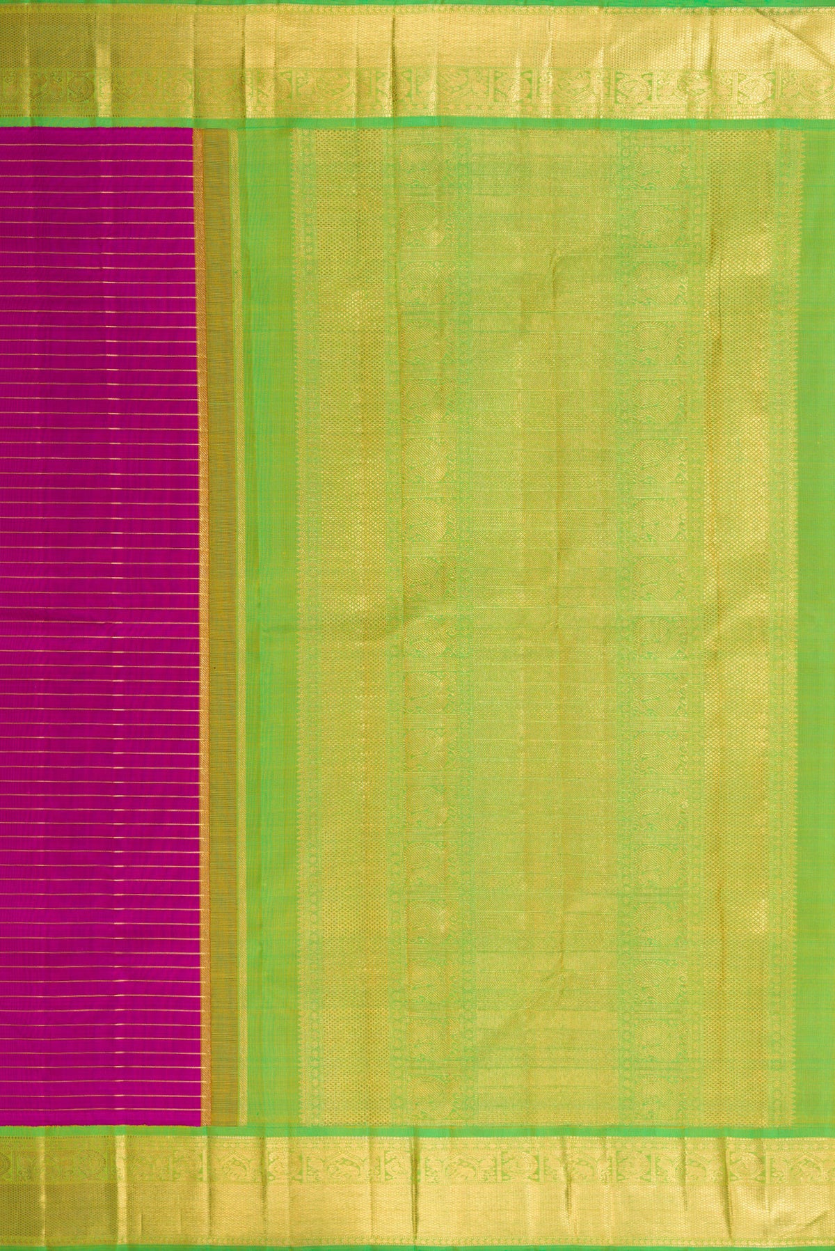 Close up image of the pallu of Pure Silk Pure Zari Magenta Dual Tone Kanjivaram Saree with Stripes on the body and Zari Border. 
