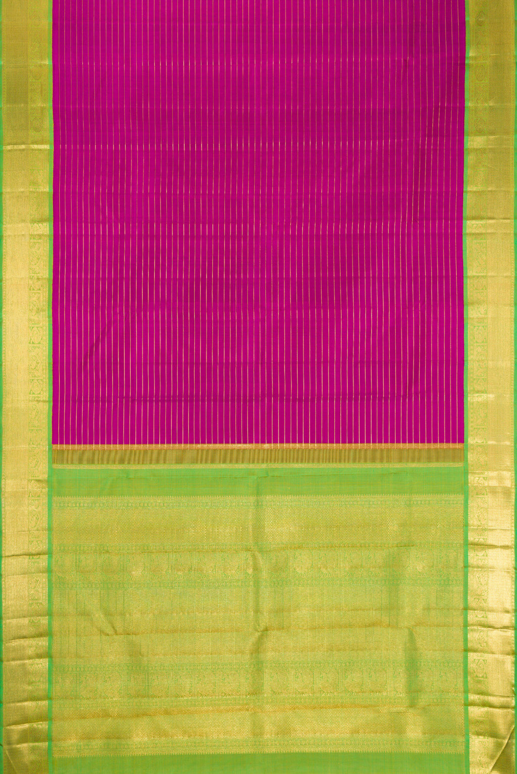 Flat view of Pure Silk Pure Zari Magenta Dual Tone Kanjivaram Saree with Stripes on the body and Zari Border. 