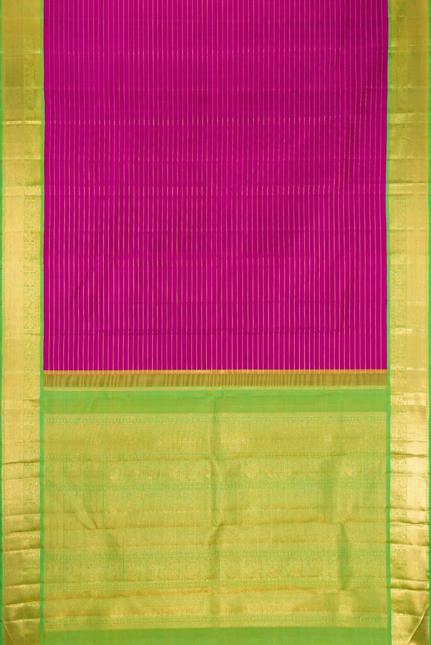 Flat view of Pure Silk Pure Zari Magenta Dual Tone Kanjivaram Saree with Stripes on the body and Zari Border. 