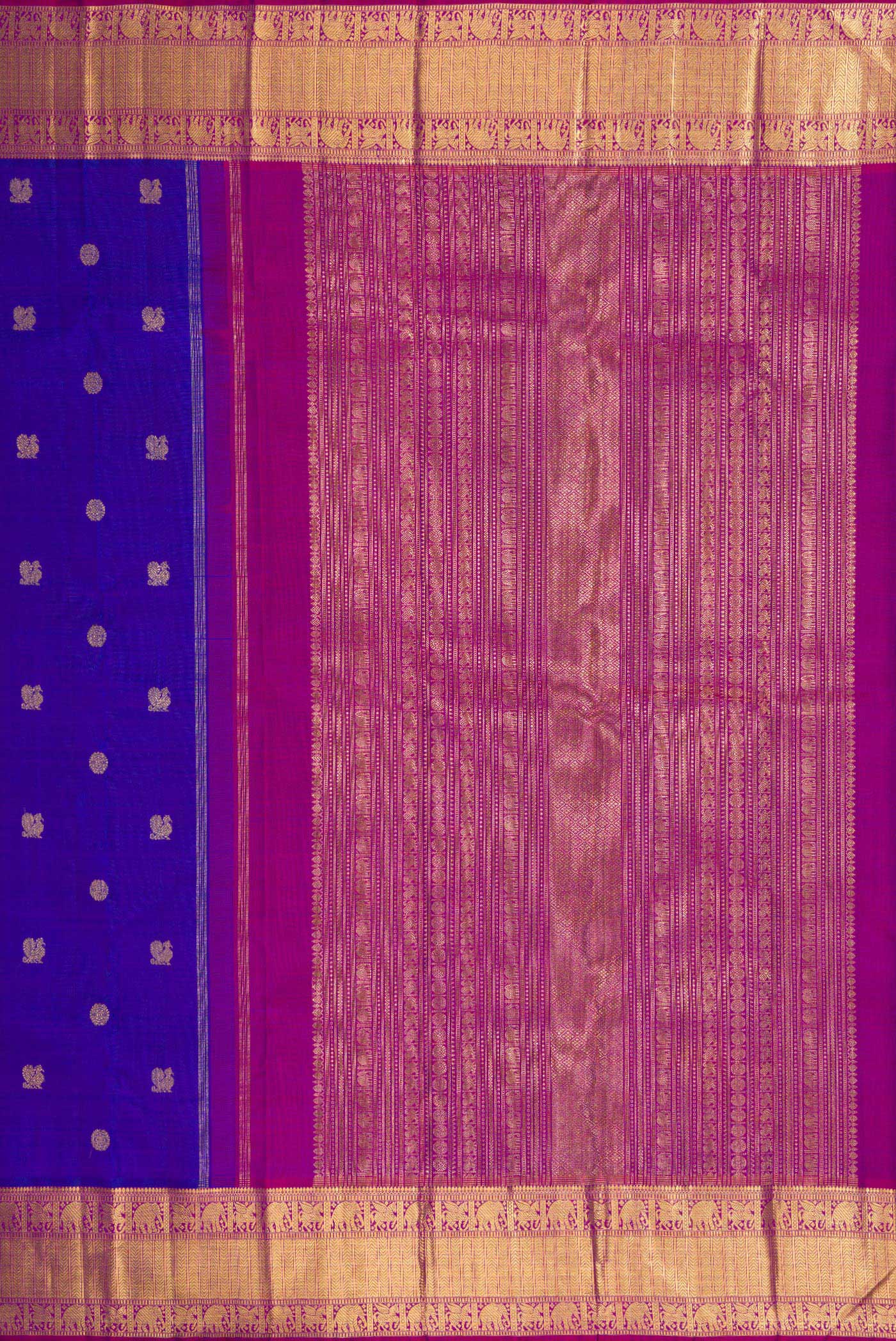 Close up image of the pallu of Pure Silk Pure Zari Royal Blue Kanjivaram Saree with Zari Butta on the body and Zari Border. 
