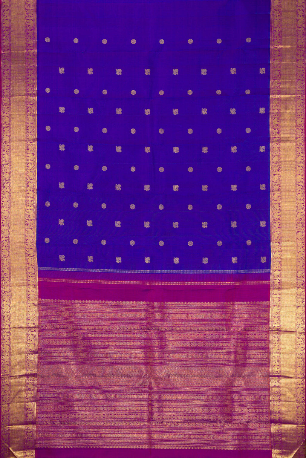 Flat view of Pure Silk Pure Zari Royal Blue Kanjivaram Saree with Zari Butta on the body and Zari Border. 