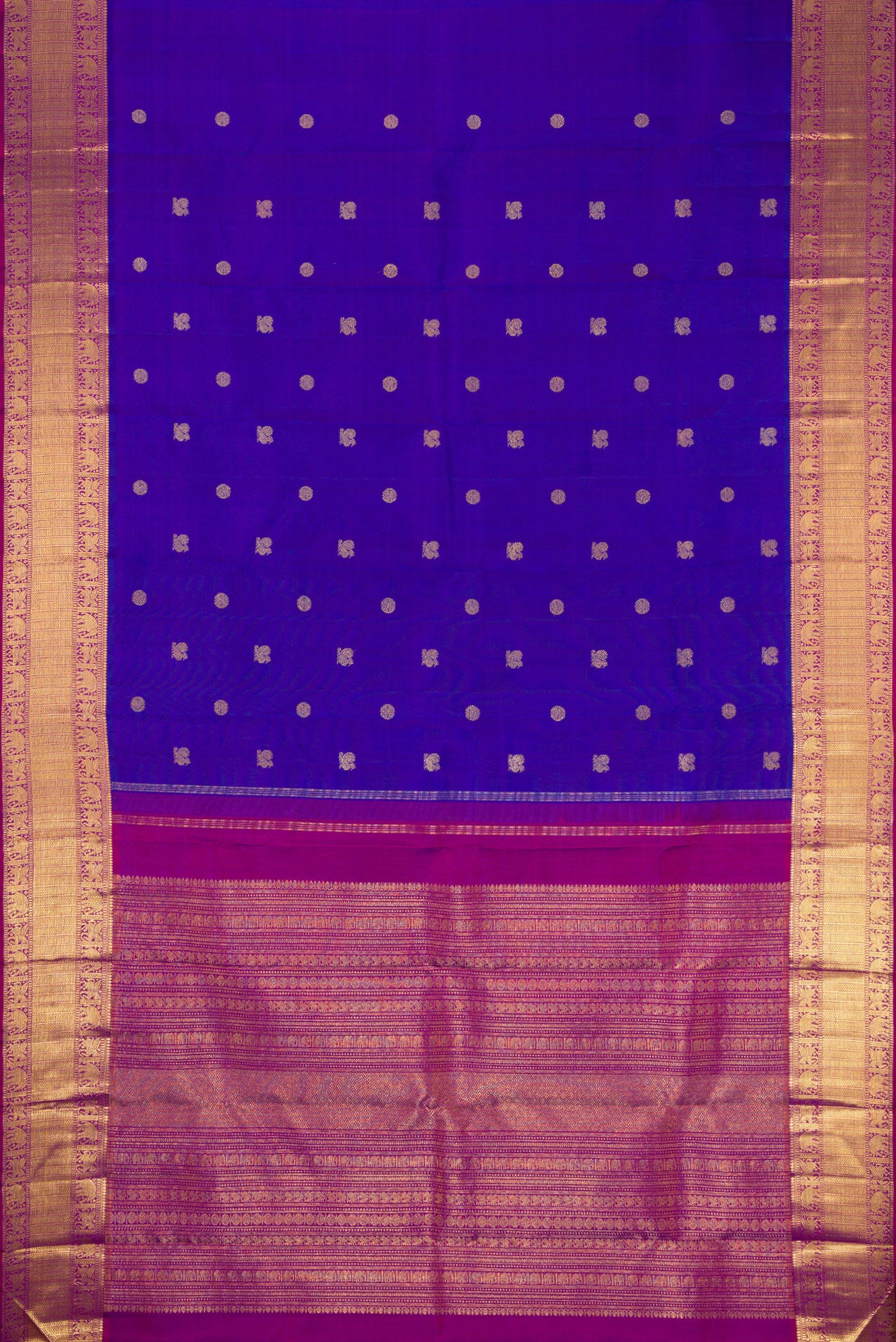 Flat view of Pure Silk Pure Zari Royal Blue Kanjivaram Saree with Zari Butta on the body and Zari Border. 