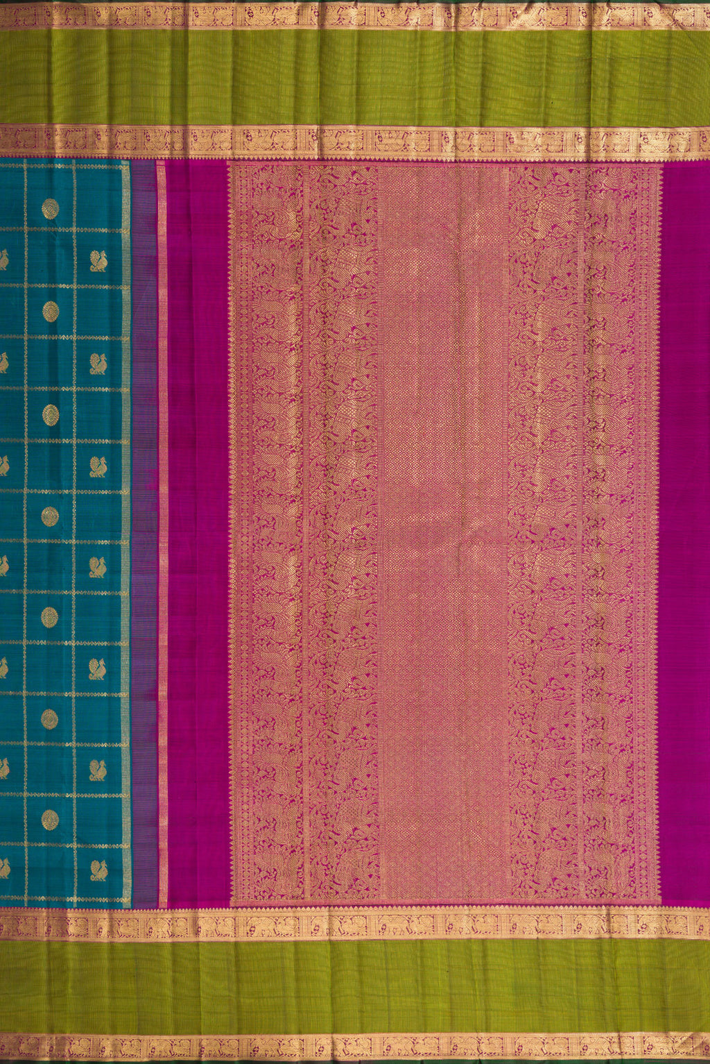 Close up image of the pallu of Pure Silk Pure Zari Peacock Blue Dual Tone Kanjivaram Saree with Checked design on the body and Zari Border. 