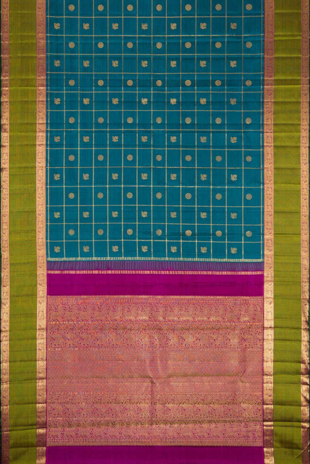 Flat view of Pure Silk Pure Zari Peacock Blue Dual Tone Kanjivaram Saree with Checked design on the body and Zari Border. 