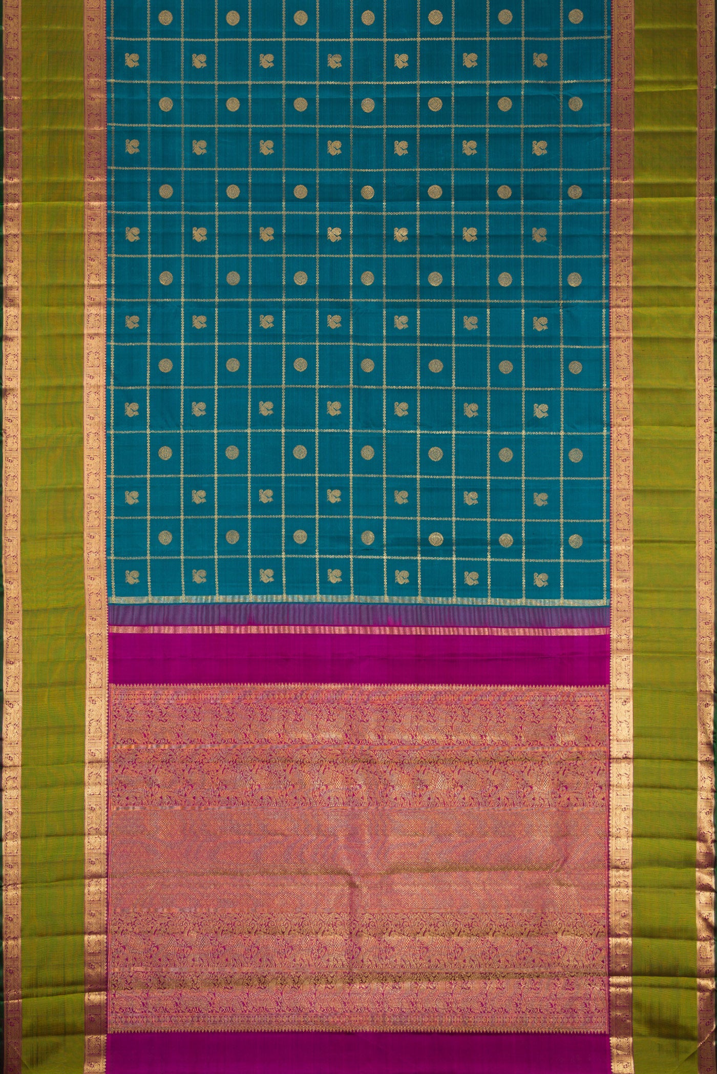 Flat view of Pure Silk Pure Zari Peacock Blue Dual Tone Kanjivaram Saree with Checked design on the body and Zari Border. 