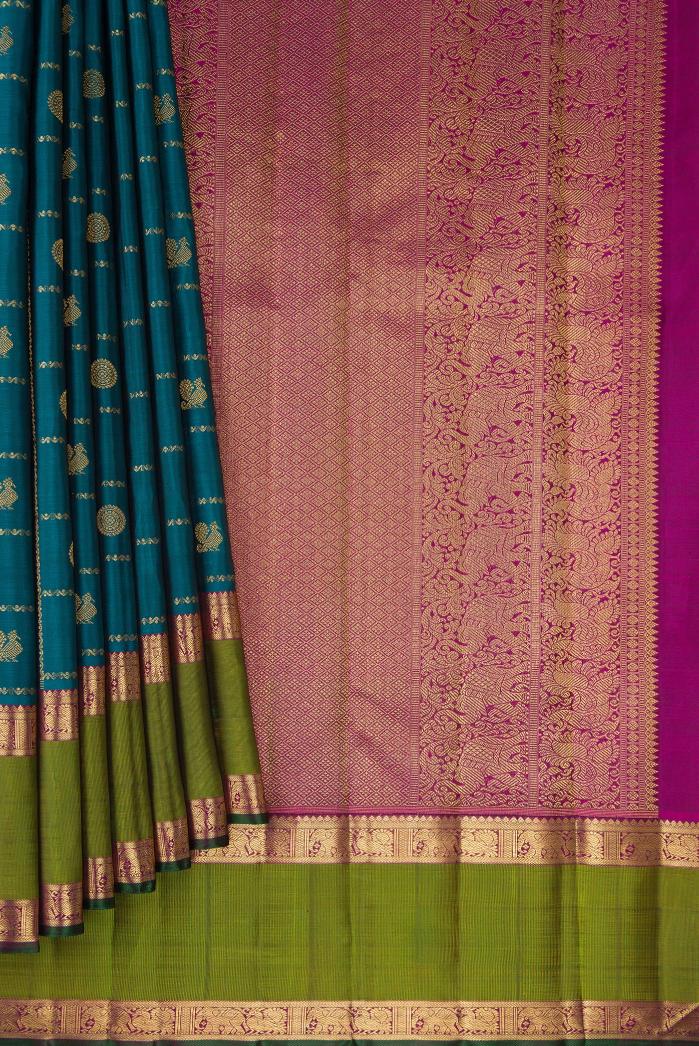 Pleats and pallu of Pure Silk Pure Zari Peacock Blue Dual Tone Kanjivaram Saree with Checked design on the body and Zari Border. 