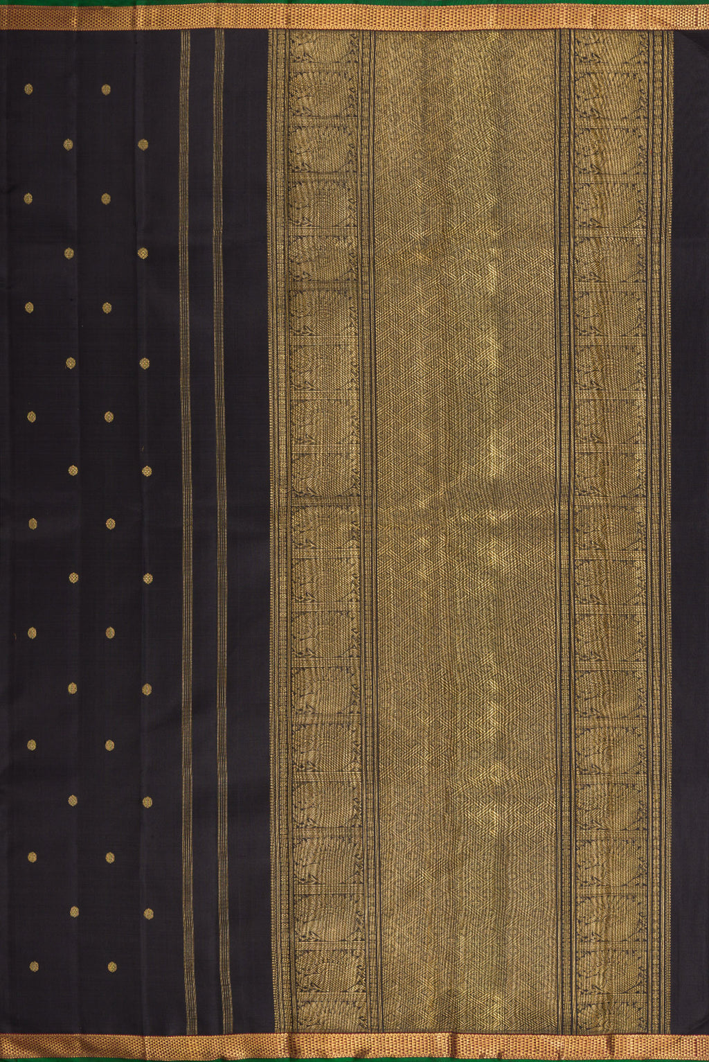 Close up image of the pallu of Pure Silk Pure Zari Black Dual Tone Kanchipuram Saree with Zari Butta on the body and Zari Border. 