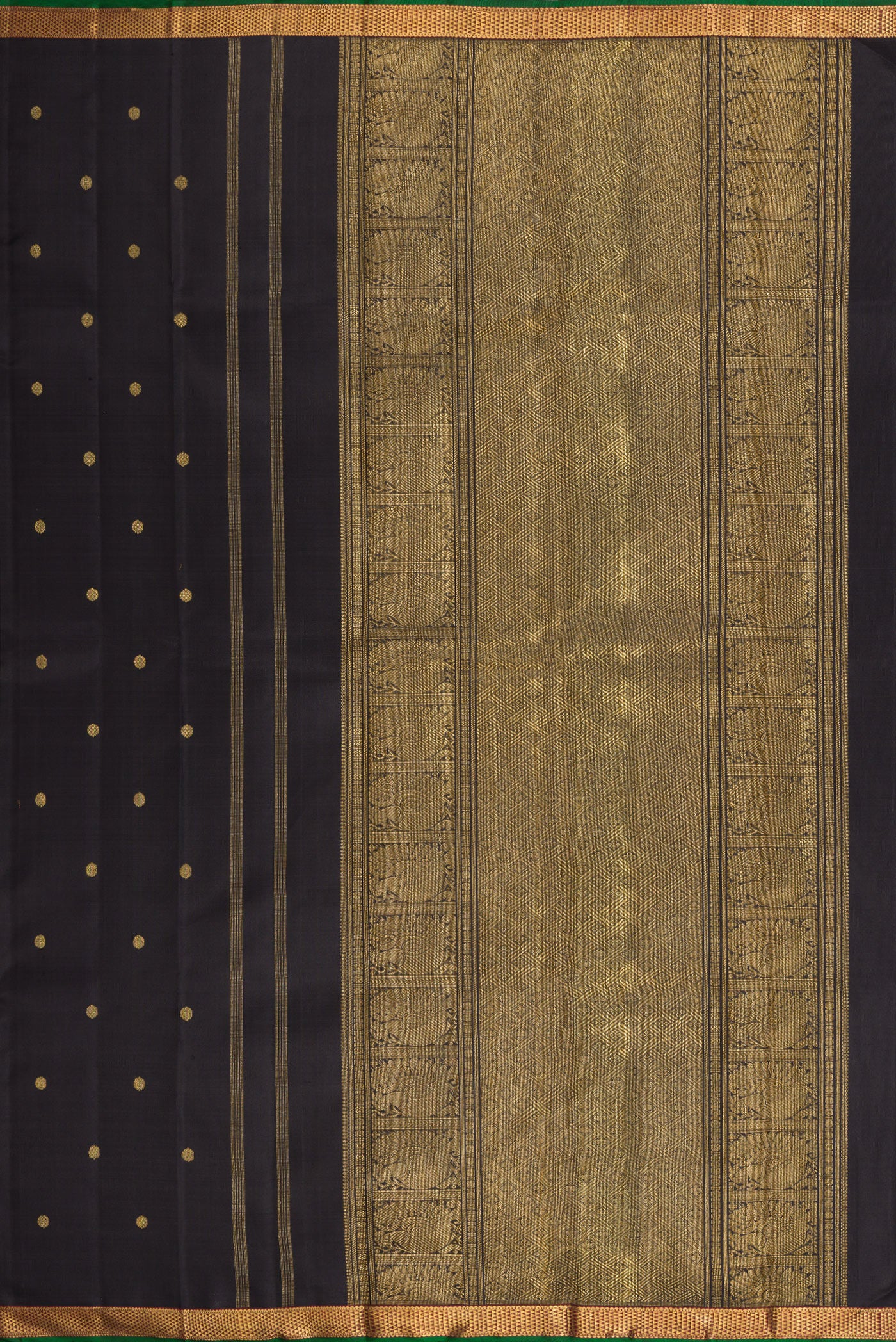 Close up image of the pallu of Pure Silk Pure Zari Black Dual Tone Kanchipuram Saree with Zari Butta on the body and Zari Border. 
