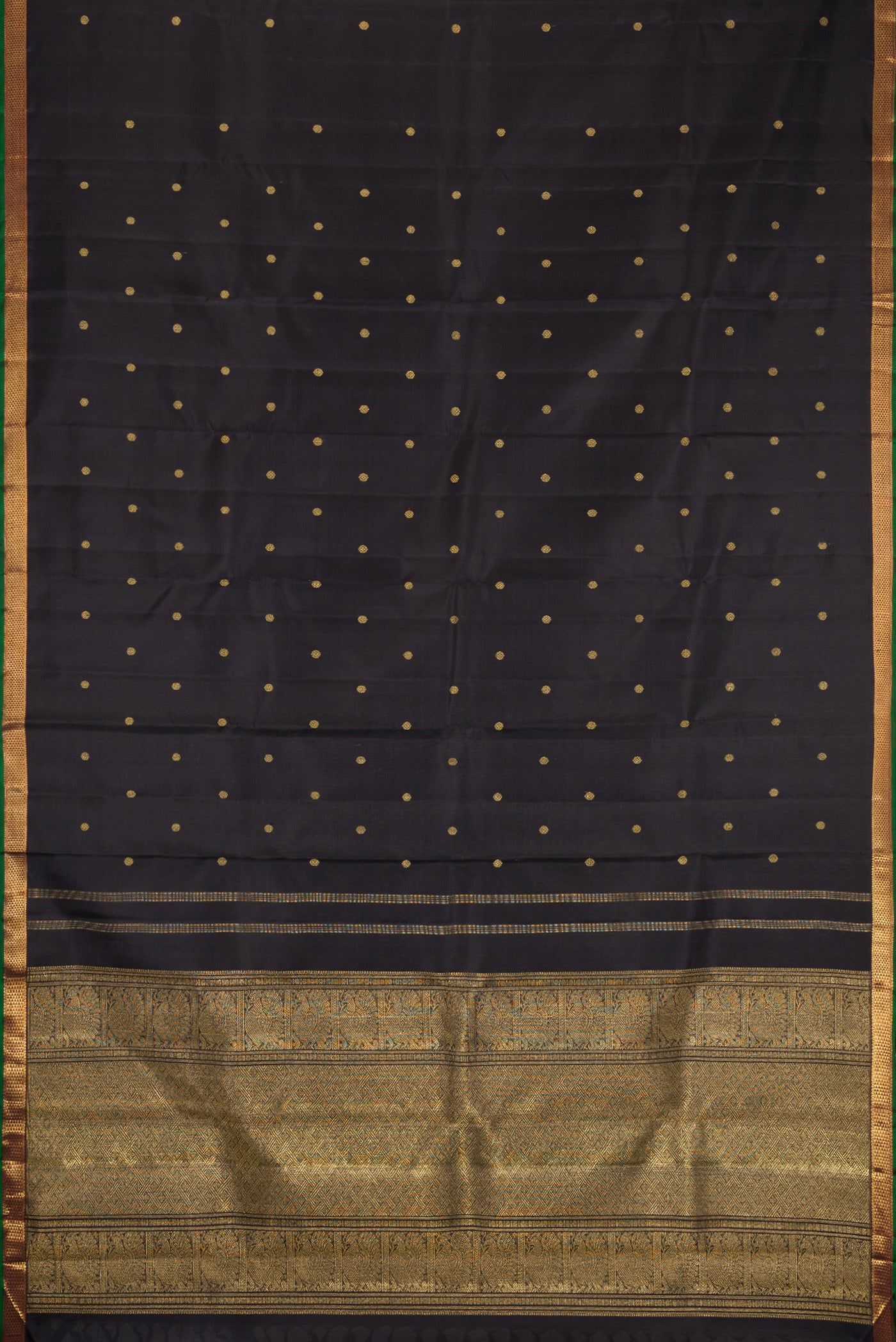 Flat view of Pure Silk Pure Zari Black Dual Tone Kanchipuram Saree with Zari Butta on the body and Zari Border. 