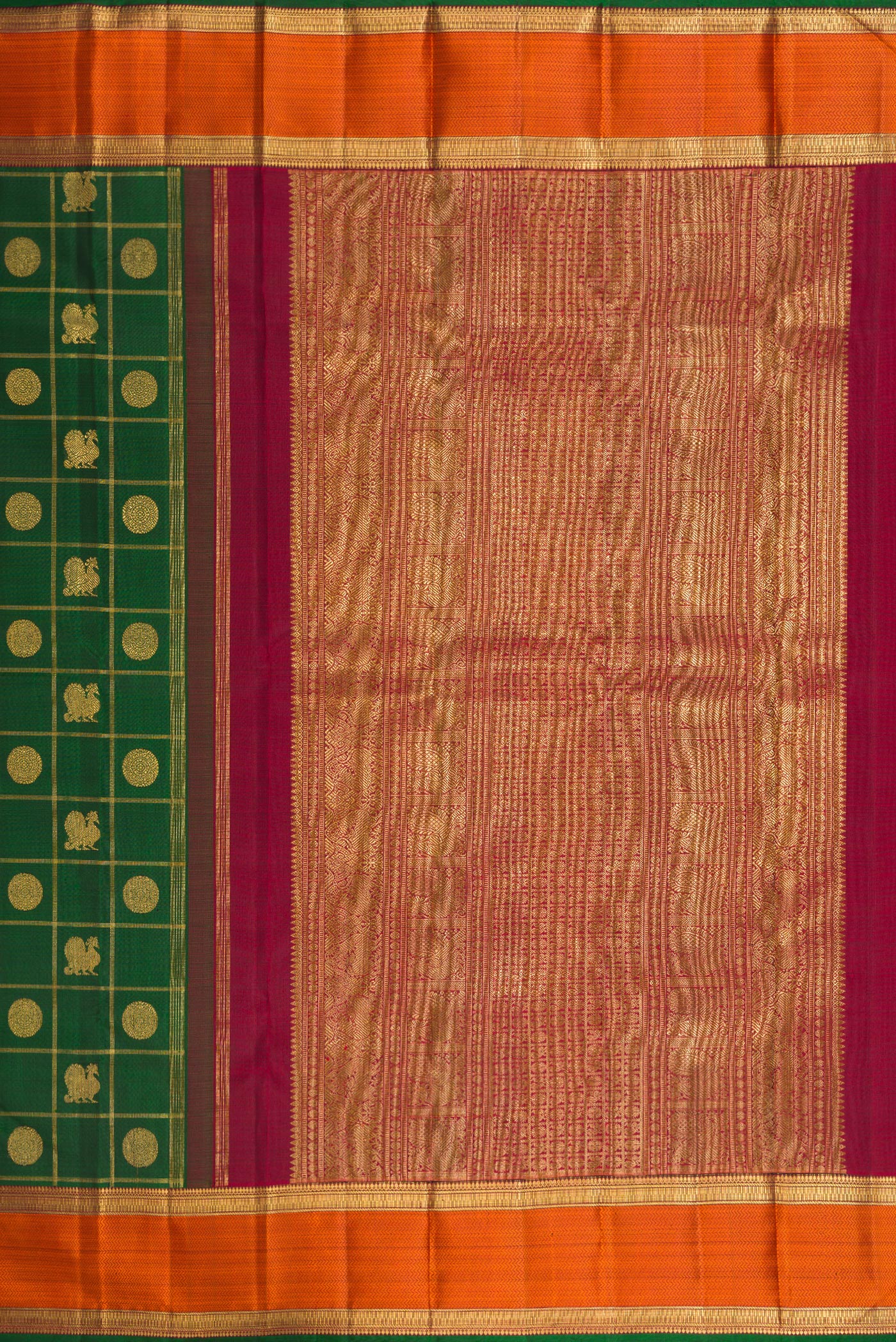 Close up image of the pallu of Pure Silk Pure Zari Bottle Green Kanjivaram Saree with Checked design on the body and Zari And Thread Border. 
