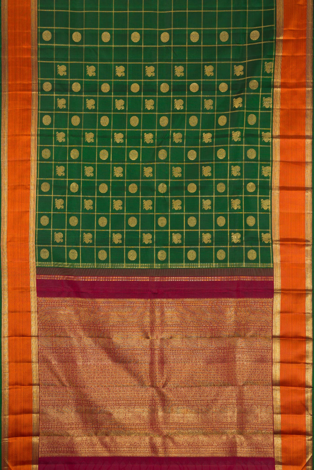 Flat view of Pure Silk Pure Zari Bottle Green Kanjivaram Saree with Checked design on the body and Zari And Thread Border. 