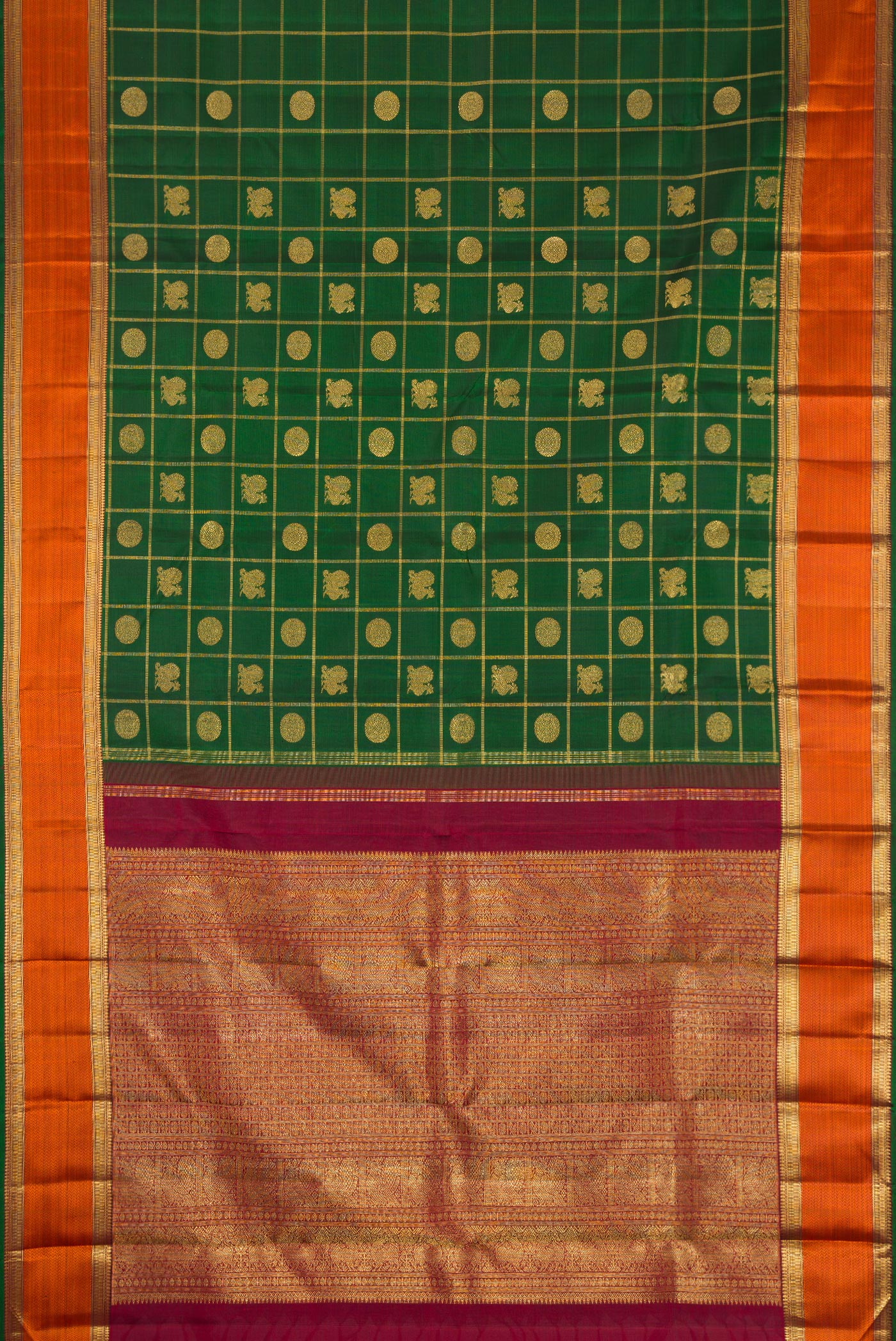 Flat view of Pure Silk Pure Zari Bottle Green Kanjivaram Saree with Checked design on the body and Zari And Thread Border. 